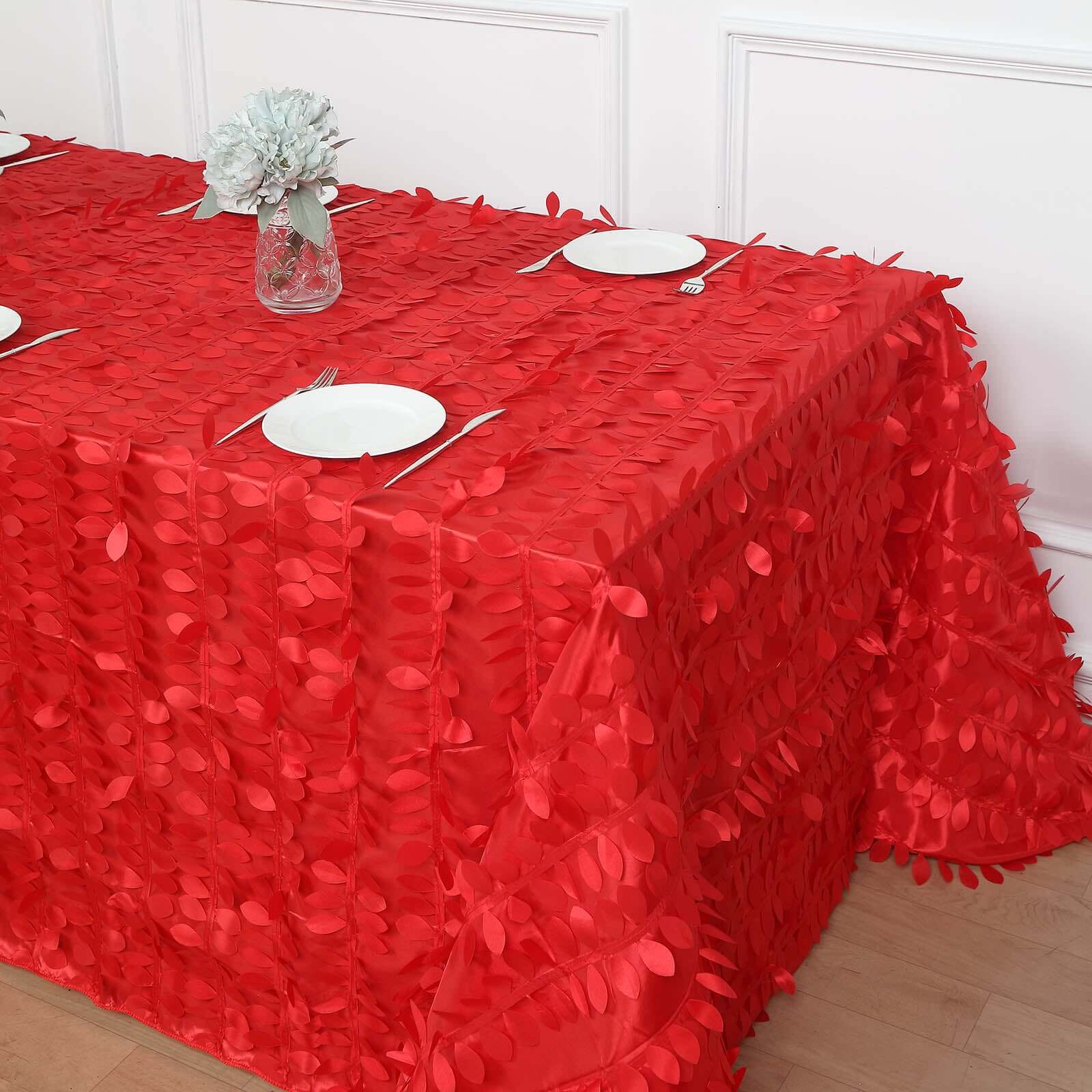 Taffeta 90"x156" Rectangle Tablecloth Red | 3D Leaf Petal Design Seamless Table Cover