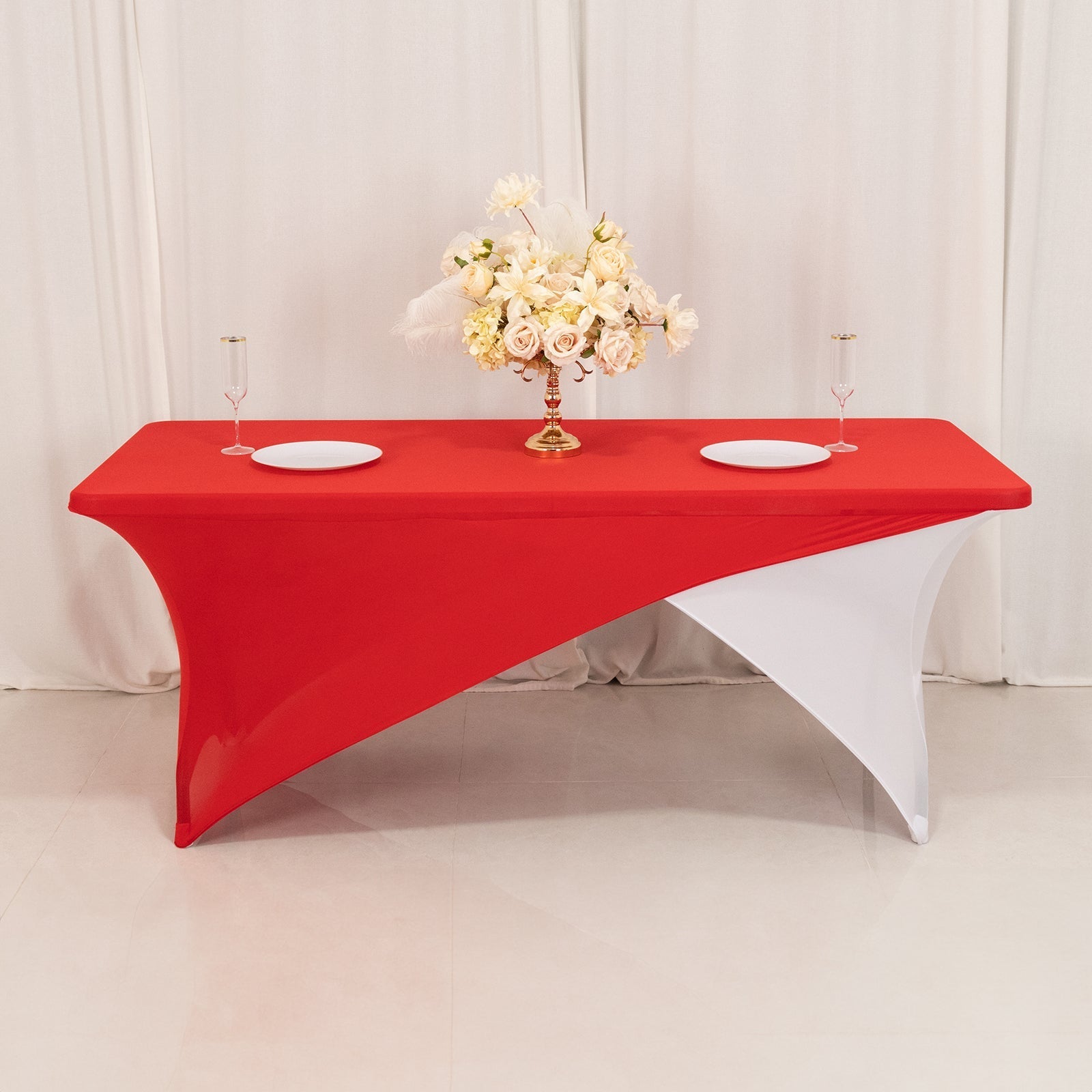 Stretch Spandex 72"x30" Rectangle Table Cover Red/White Cross Over Design - Versatile & Sleek Two-Piece Fitted Tablecloth with Elastic Foot Pockets