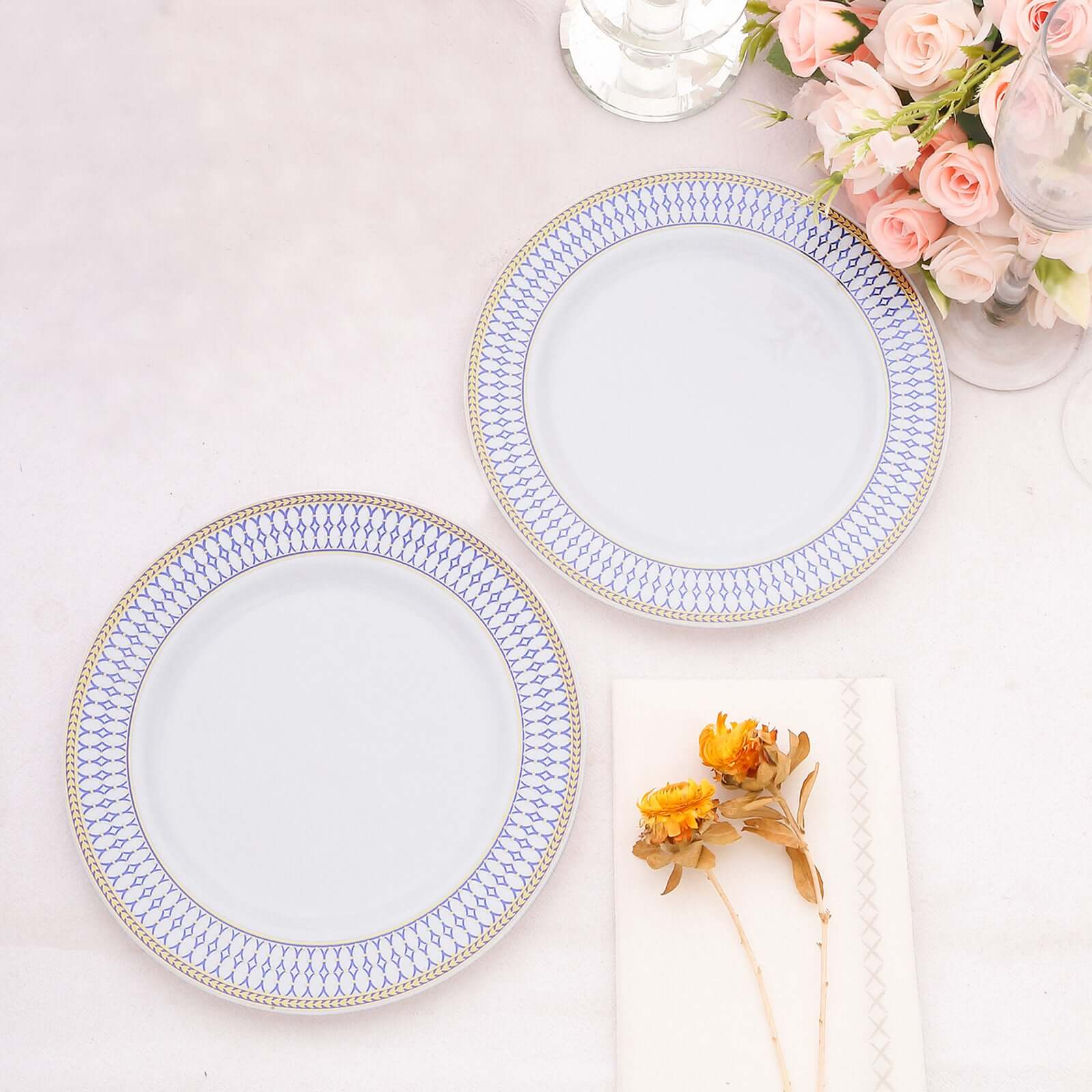 10-Pack Plastic 7" Round Dessert Plates in White with Gold Navy Blue Chord Rim - Renaissance Style Disposable Salad Appetizer Plates for Events & Banquets