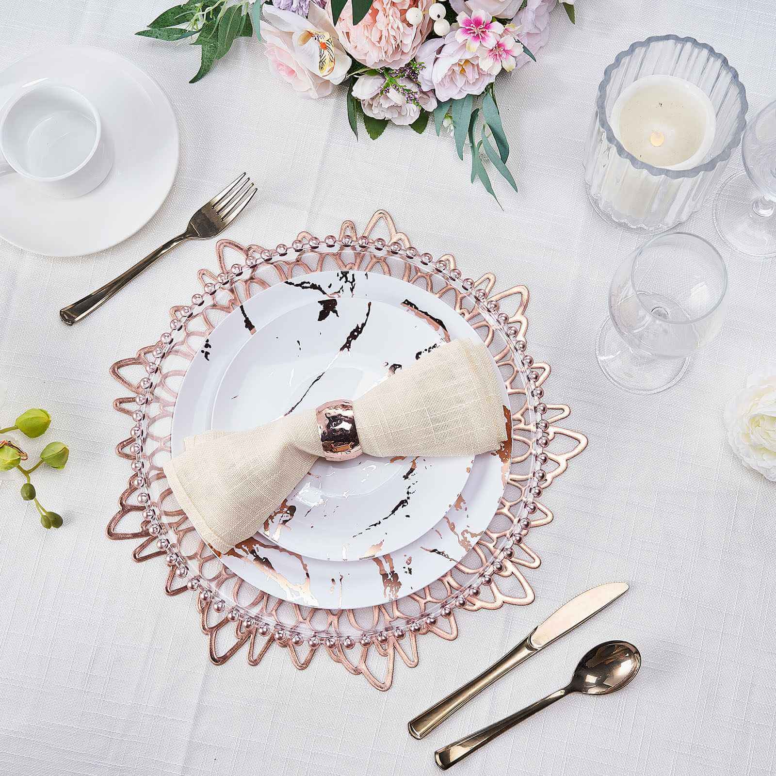 6-Pack Dining Table Mats Floral Design Rose Gold - Metallic Vinyl Round Non-Slip Mats for Tables 15"