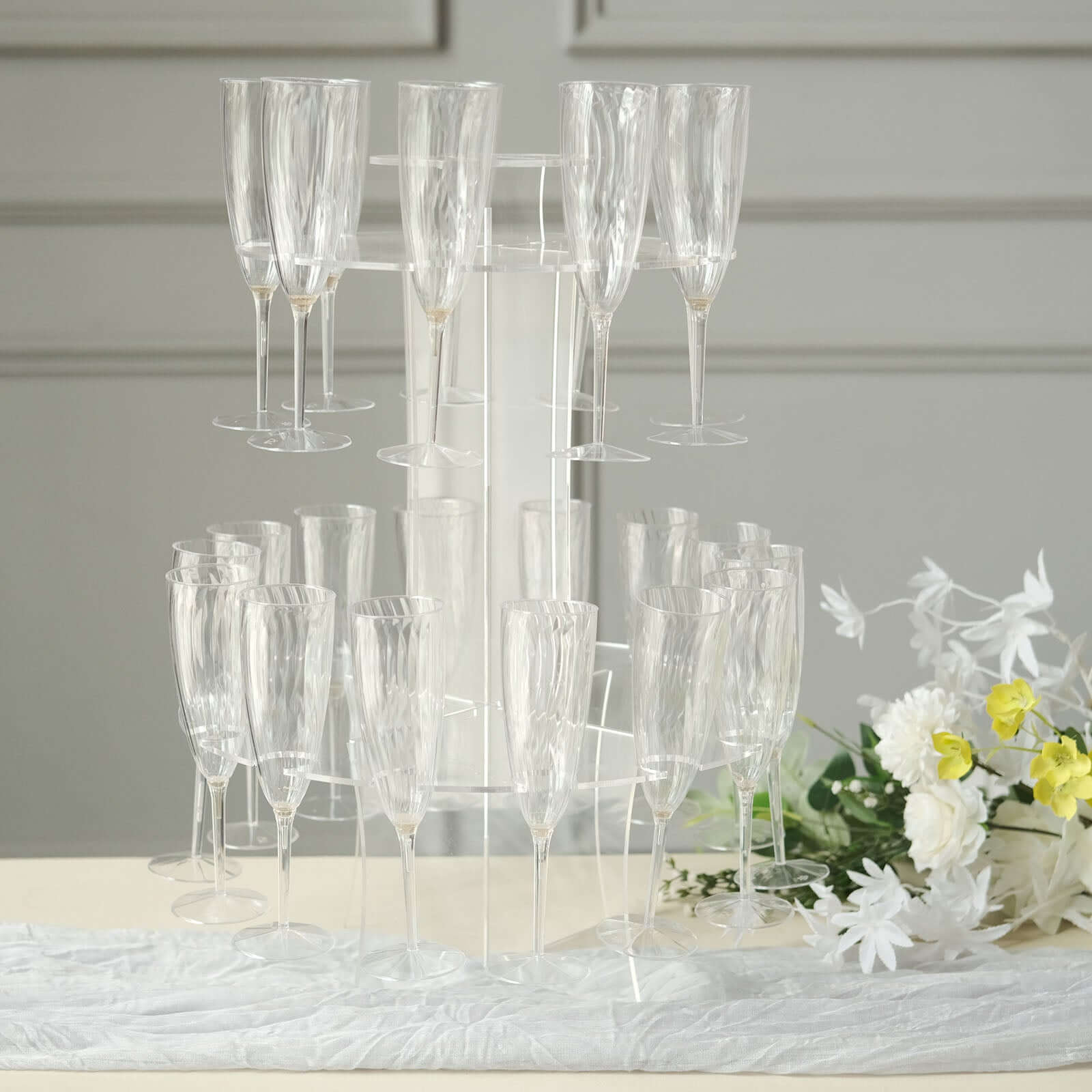 3-Tier Round Champagne Glass Holder Tower Clear Acrylic + 1 Bottle for Professional & Home Use 21"