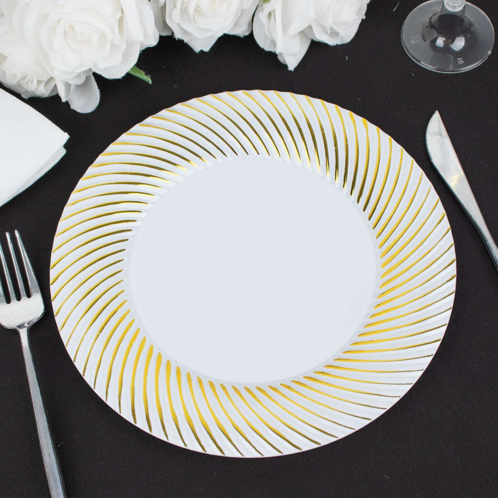 10-Pack Plastic 9" Round Dinner Plates White with Gold Swirl Rim - Disposable Party Plates