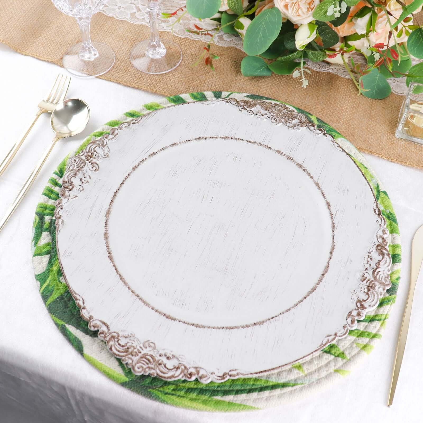 4-Pack Table Placemats Tropical Leaf Design Green Cotton Round - Woven Indoor/Outdoor Dining Mats 15"