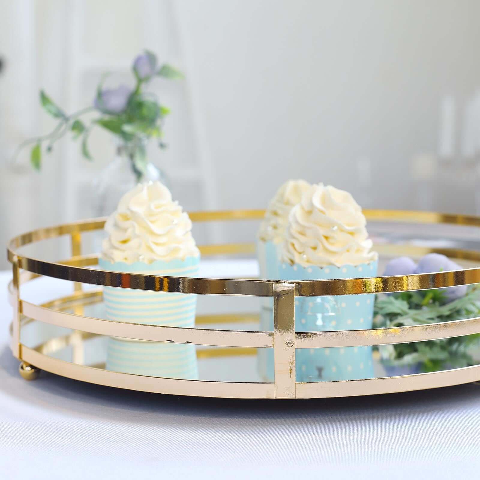 Set of 2 Metal Serving Trays 13", 9" Round Gold with Mirrored Top, Classy Decorative Vanity Tray Centerpiece
