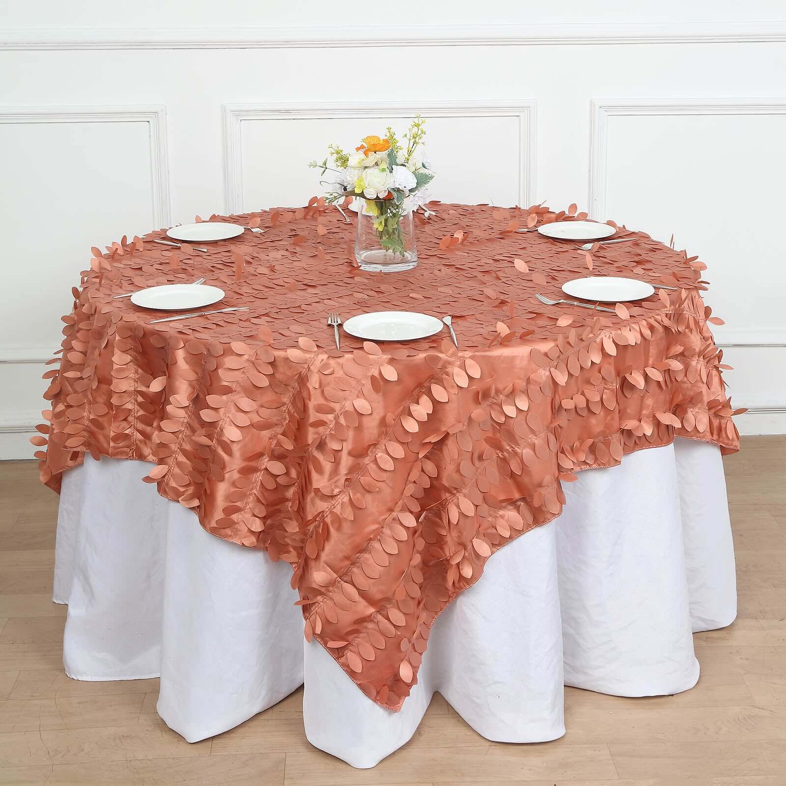 Taffeta 72"x72" Table Overlay Square Tablecloth Terracotta (Rust) - 3D Leaf Petal Table Cover