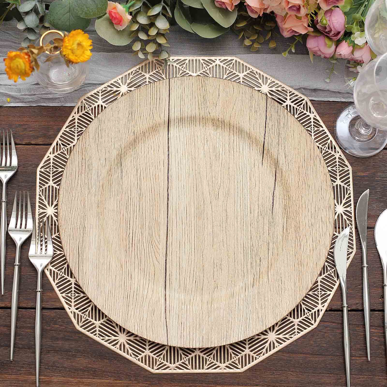 6-Pack Plastic Round Charger Plates 13" in Natural with Faux Wood Finish, Rustic Boho Chic Dinner Party Charger Tableware