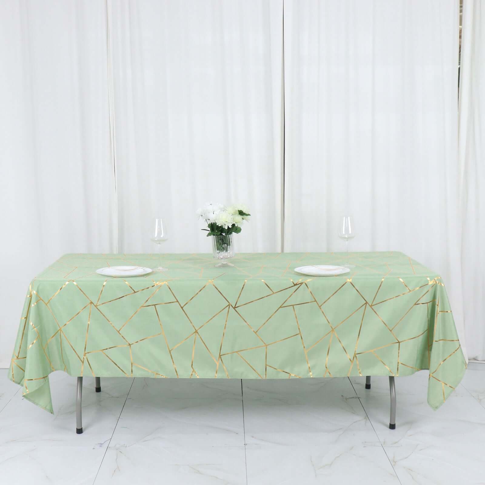 Polyester 60"x102" Rectangle Tablecloth Sage Green with Gold Foil Geometric Pattern - Wrinkle-Resistant & Durable Table Cover