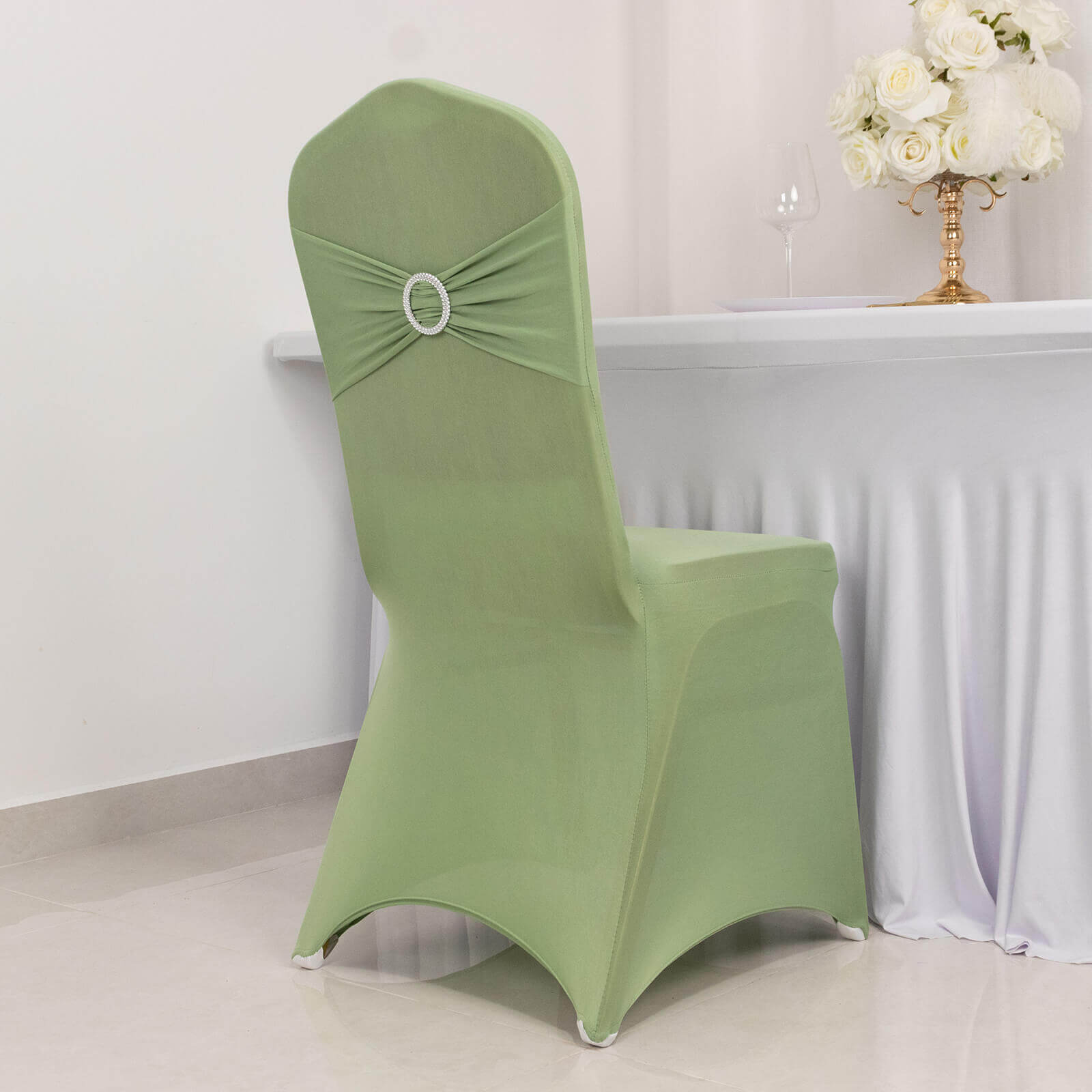 Spandex Chair Cover with Silver Rhinestone Buckled Sash Band Sage Green - Stretch Fitted Slipcover