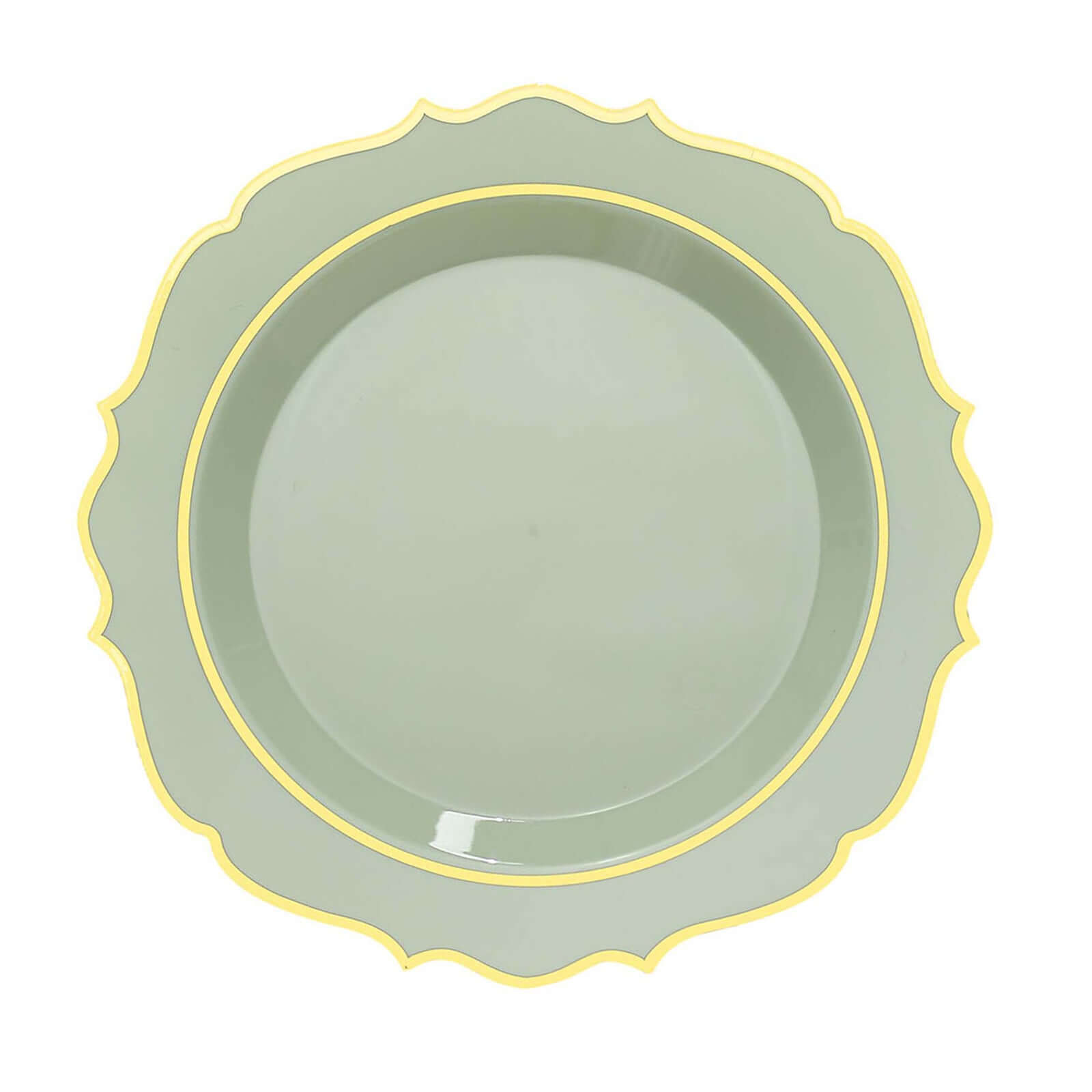 10-Pack Plastic 10" Round Dinner Plates in Sage Green with Gold Scalloped Rim - Disposable Party Plates
