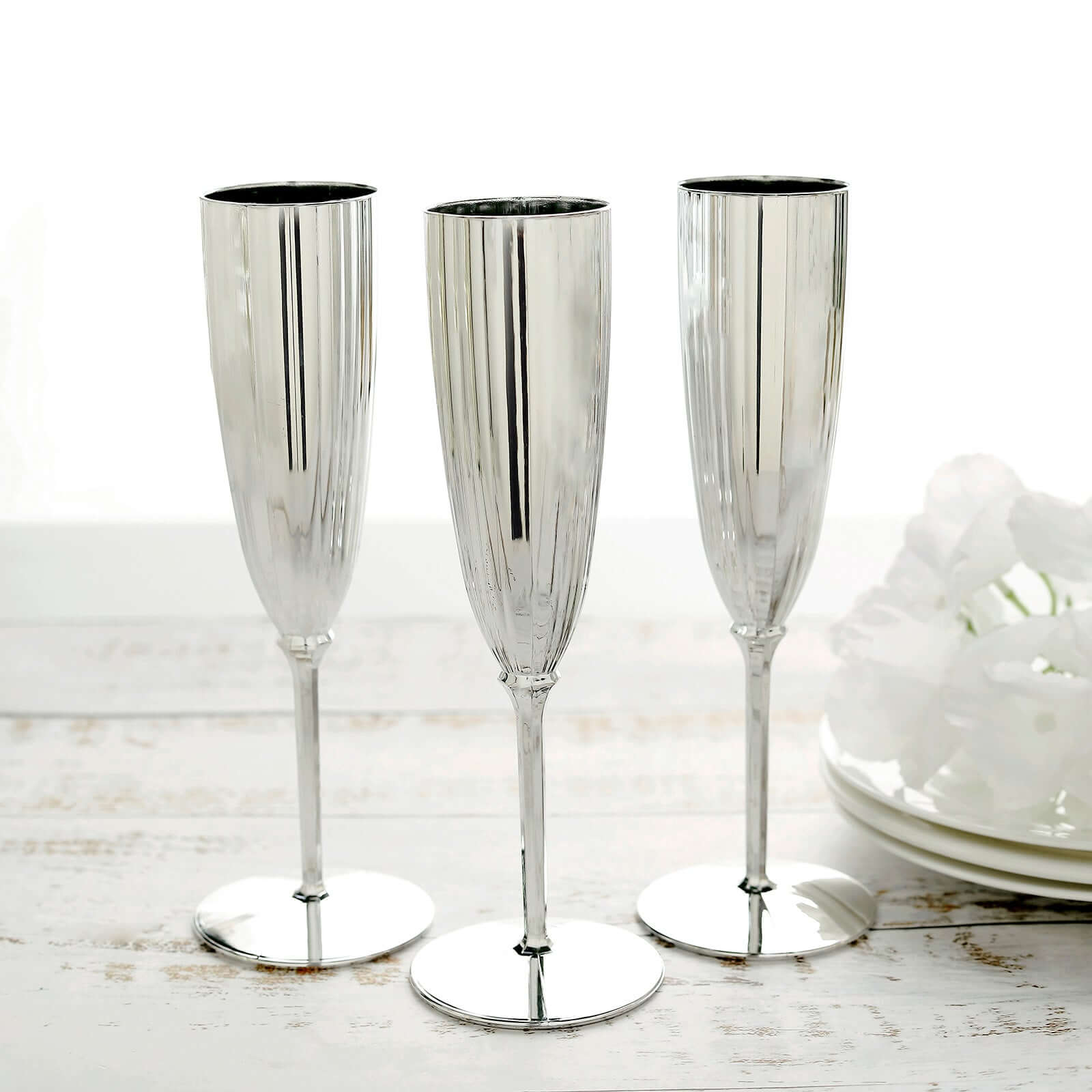 6-Pack Plastic Champagne Flutes in Silver - Classy Disposable Champagne Glasses for Toasting & Cocktail Parties 5oz