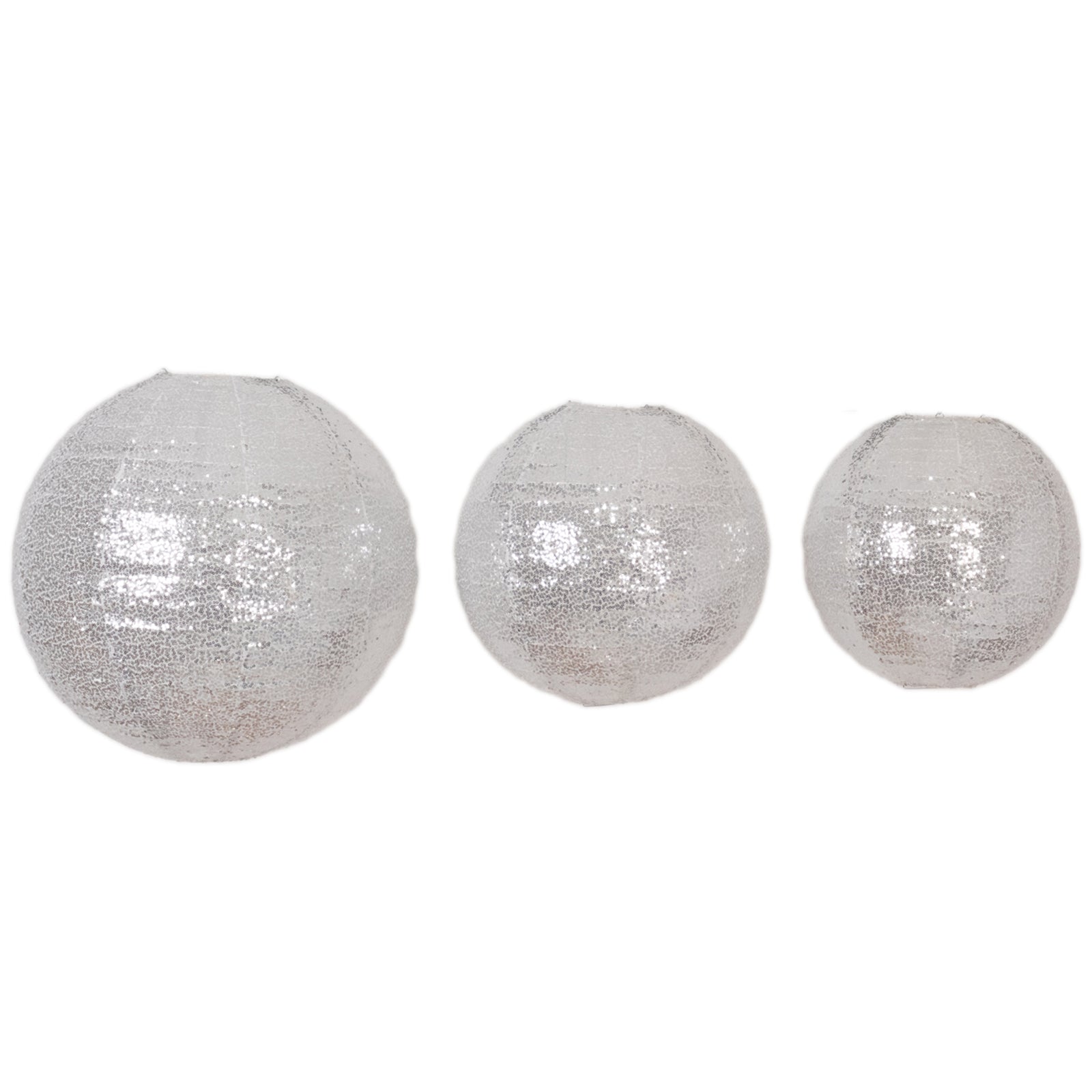 Set of 3 Glitter Silver Sequin Fabric Hanging Lanterns, Large Decorative Round Foldable Chinese Lantern Lampshades - 14",16",20"