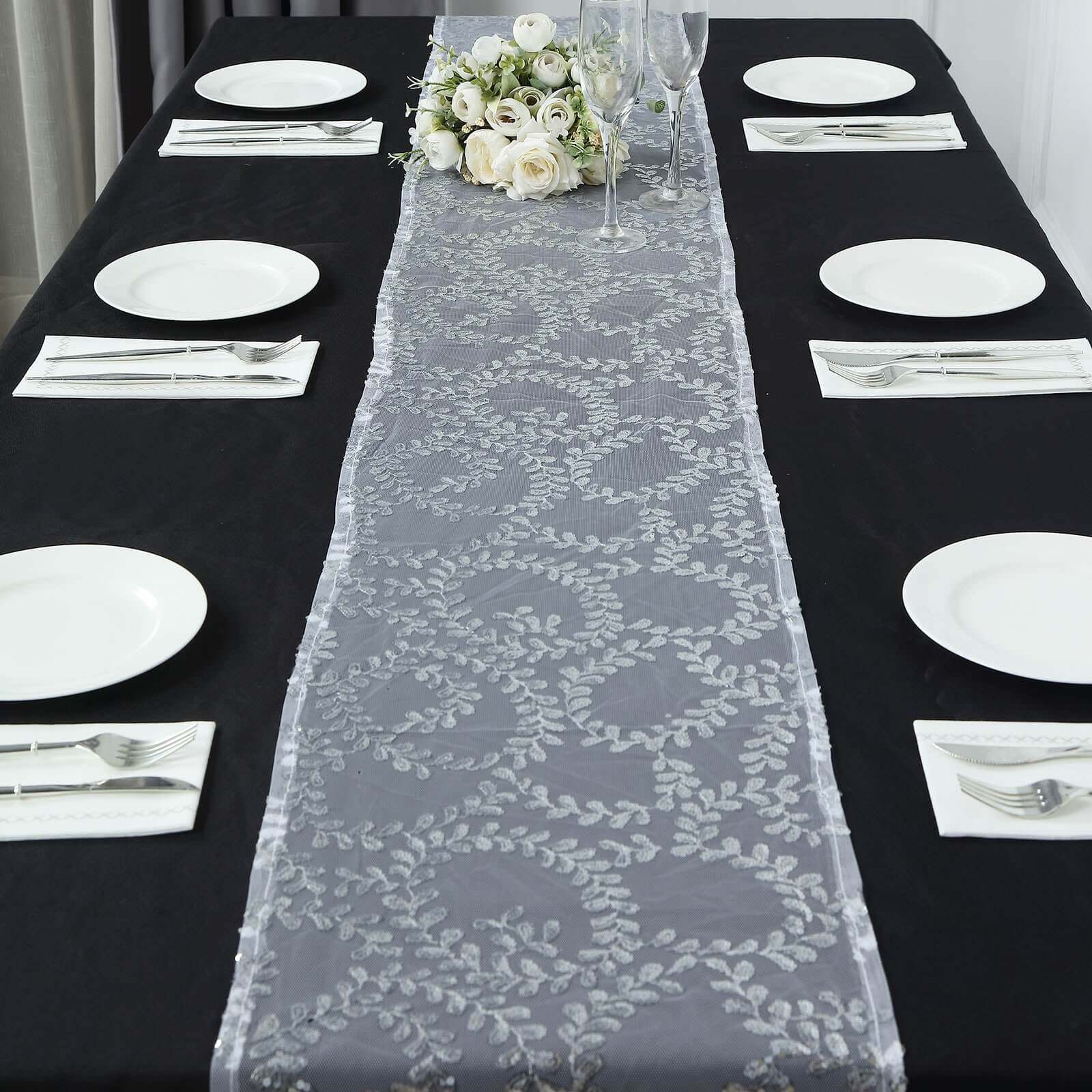 Mesh 12"x108" Table Runner Silver - Leaf Vine Embroidery