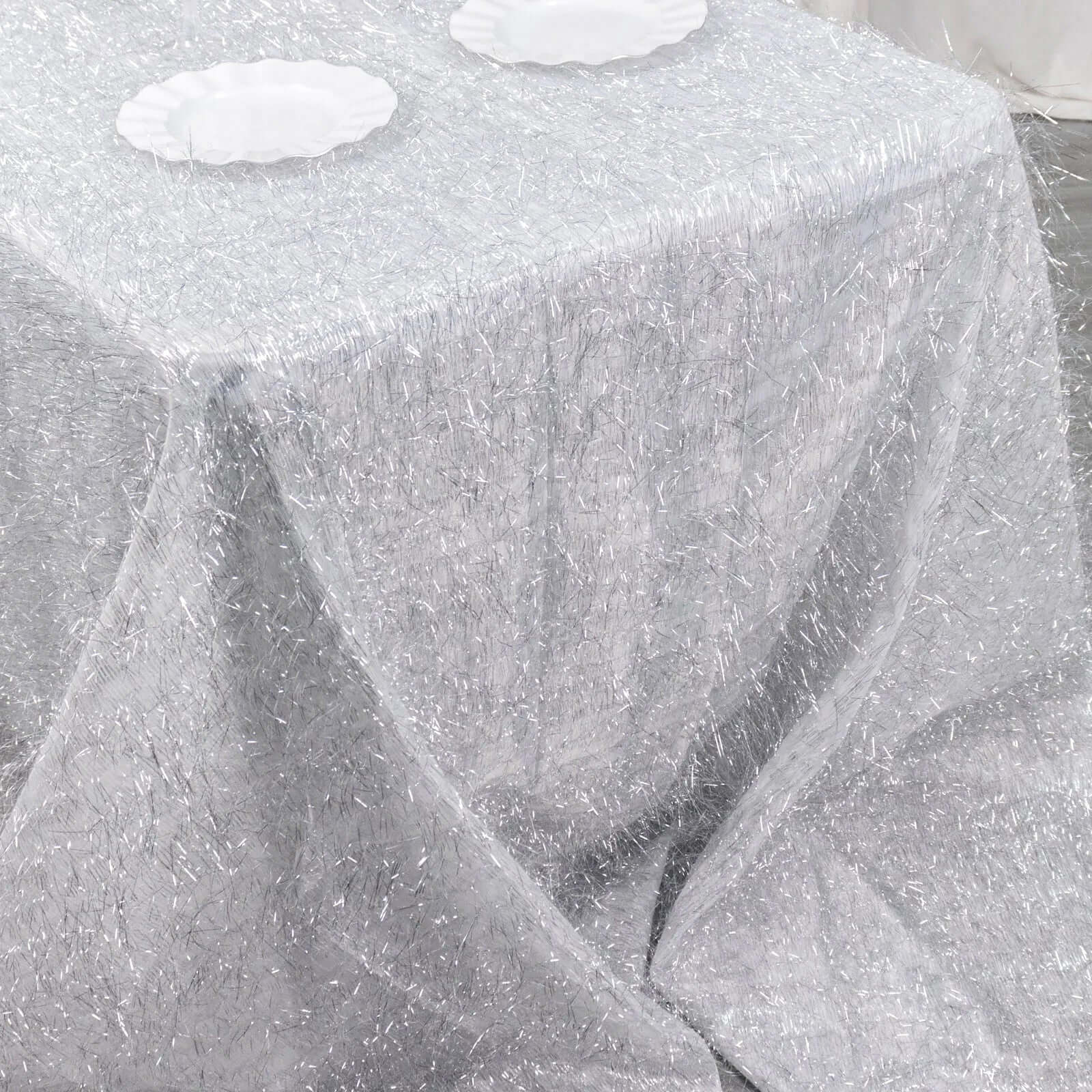 Polyester 90"x156" Rectangle Tablecloth Silver Metallic Fringe Shag Tinsel Table Cover