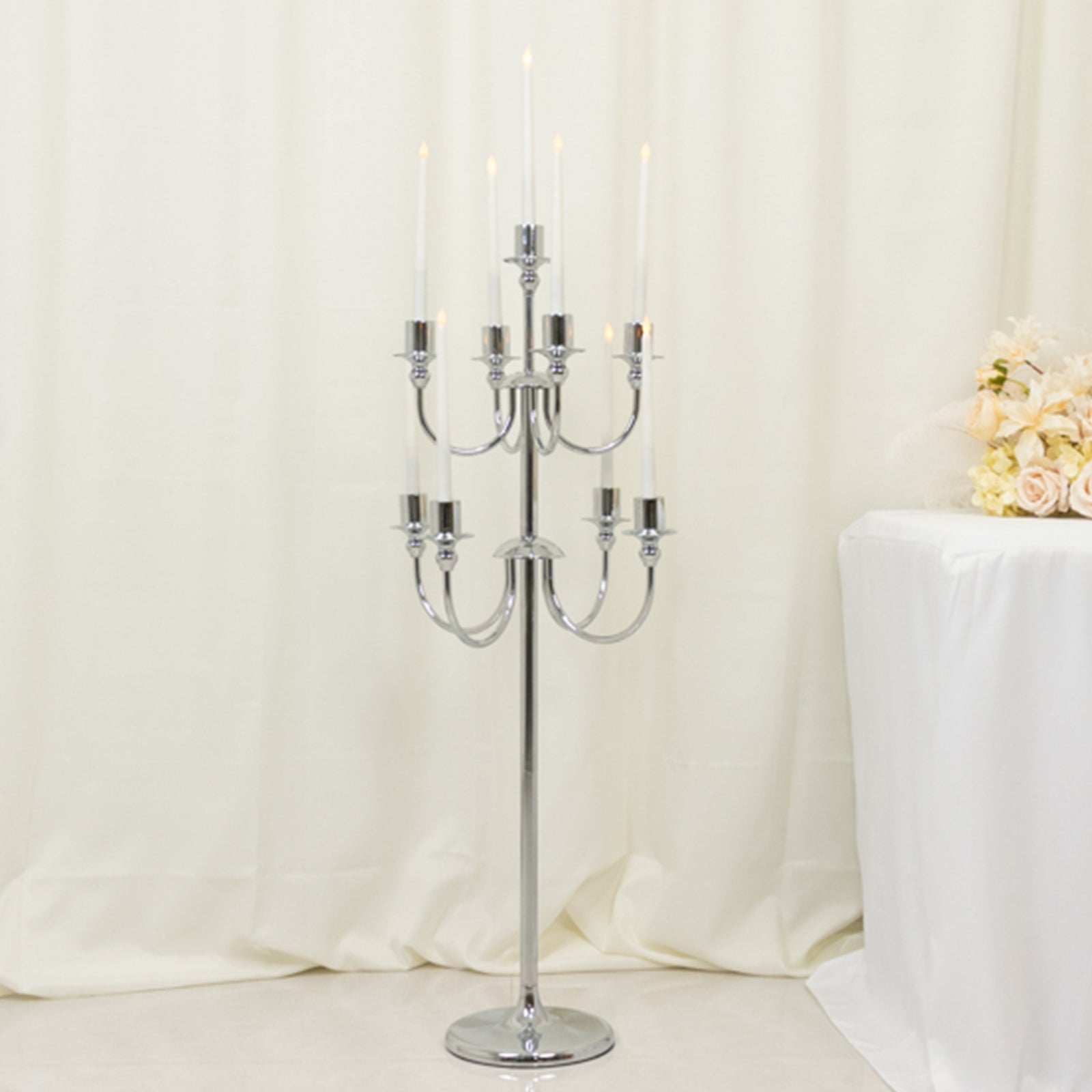 Metal Floor Candelabra Candle Holder, 9-Arm Vintage Taper Stand Silver Table Centerpiece for Weddings & Parties 46" Tall