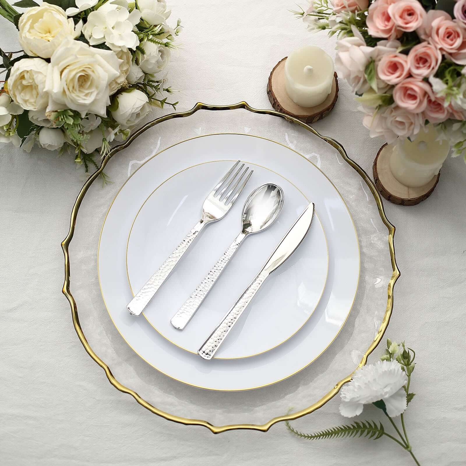 24-Pack Plastic Silverware Set with Hammered Design Silver - Heavy Duty Disposable Utensils 7"