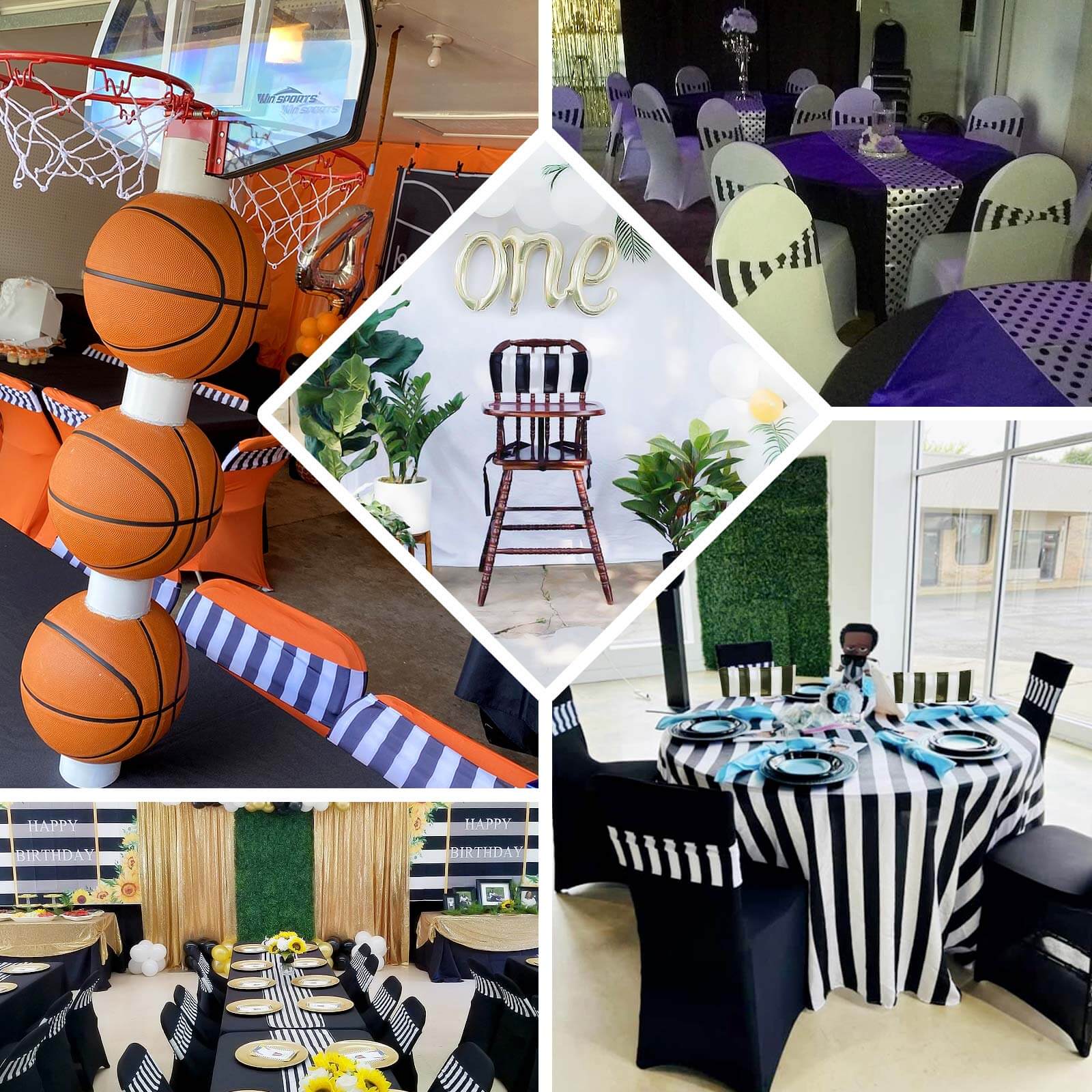 5 Pack Spandex Chair Sashes Black/White Vertical Stripes - Easy to Use & Wrinkle-Free Stretch Chair Bands for Stunning Tablescapes 5"x14"