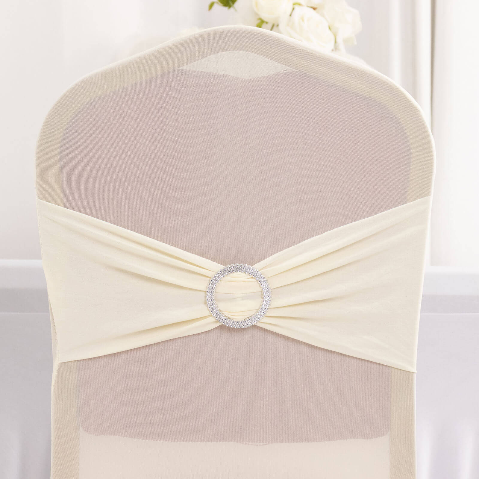 Spandex Chair Cover with Silver Rhinestone Buckled Sash Band Ivory - Stretch Fitted Slipcover