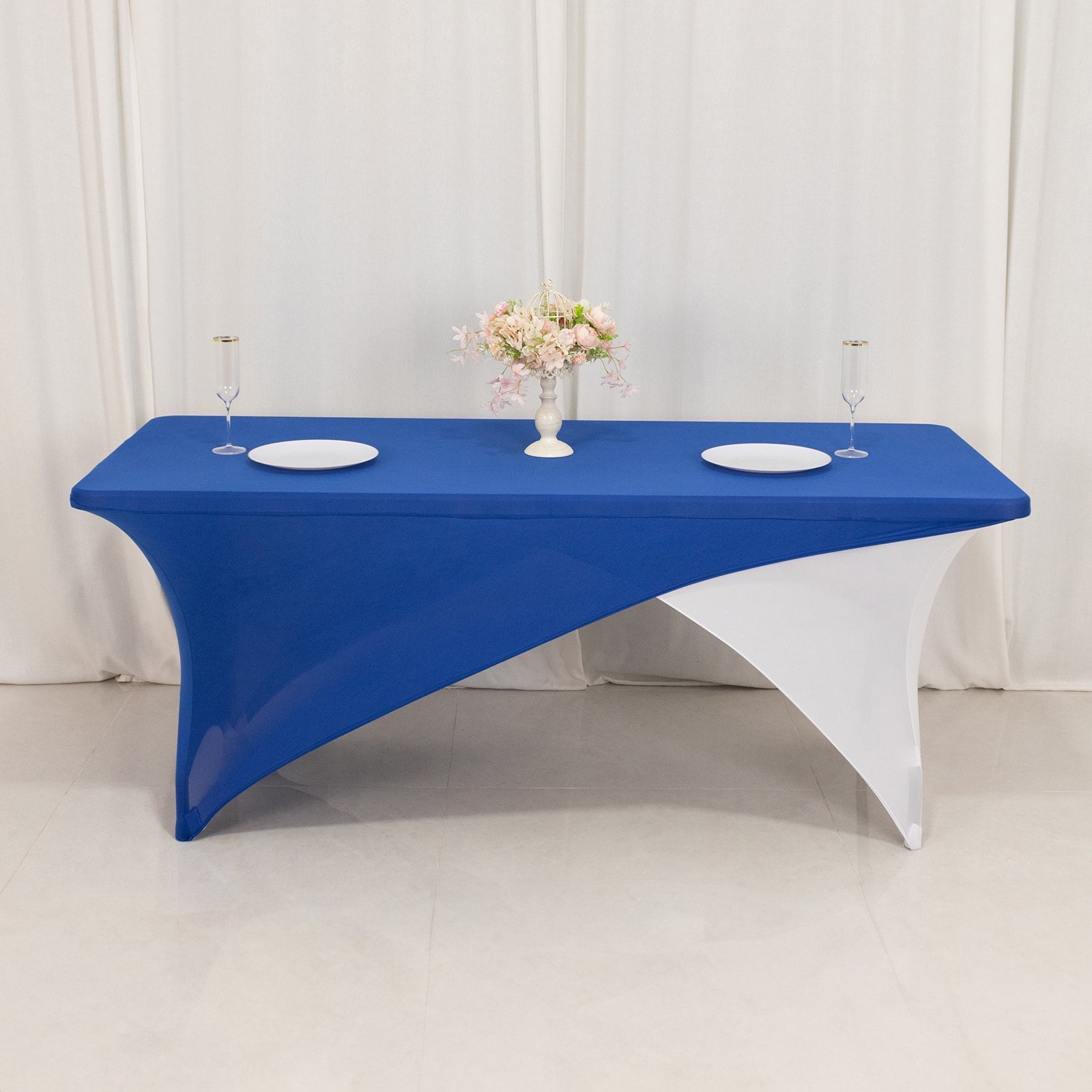 Stretch Spandex 72"x30" Rectangle Table Cover Royal Blue/White Cross Over Design - Two-Piece Fitted Tablecloth with Elastic Foot Pockets