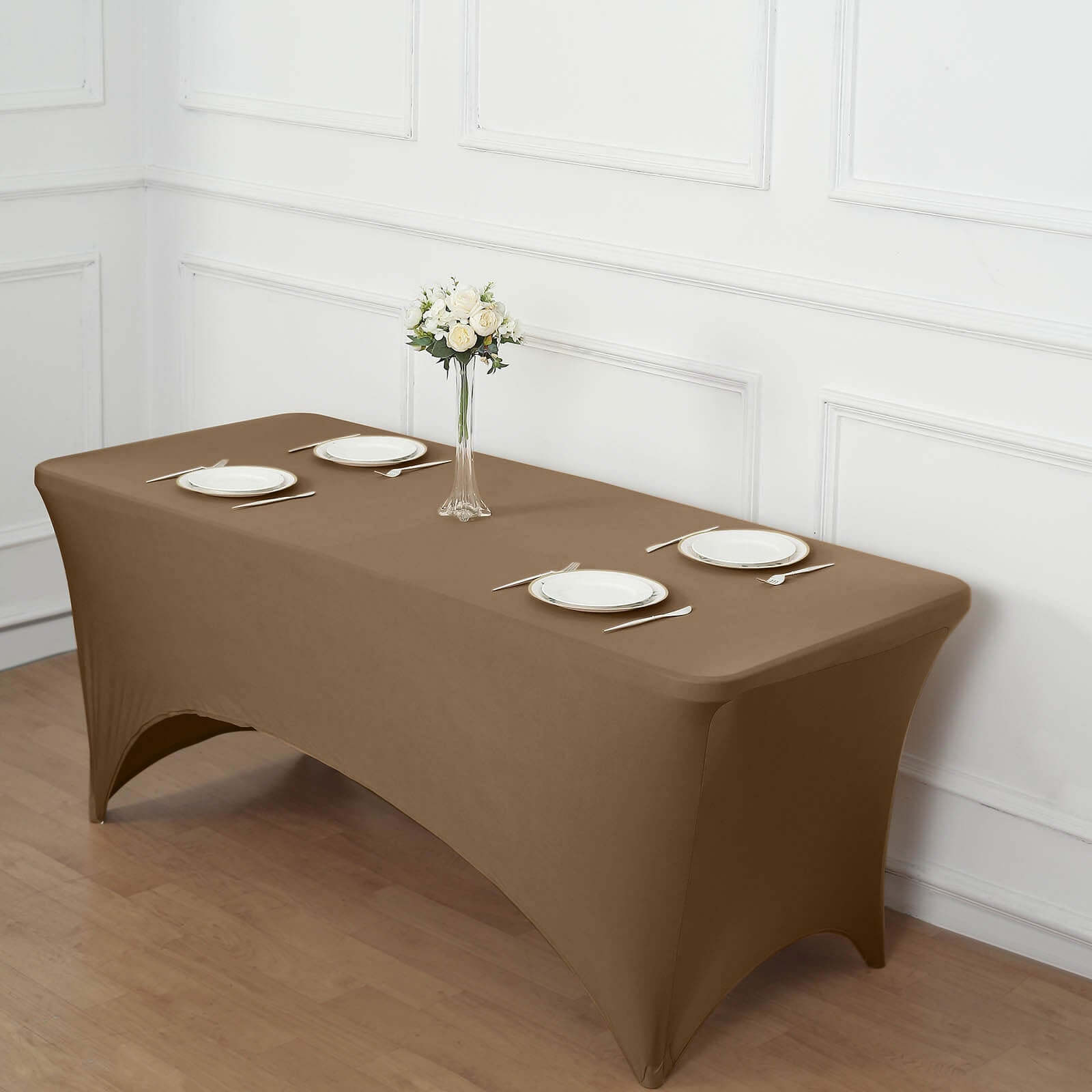 Stretch Spandex 6ft Rectangle Tablecloth Taupe - Durable Form-Fitting Table Cover