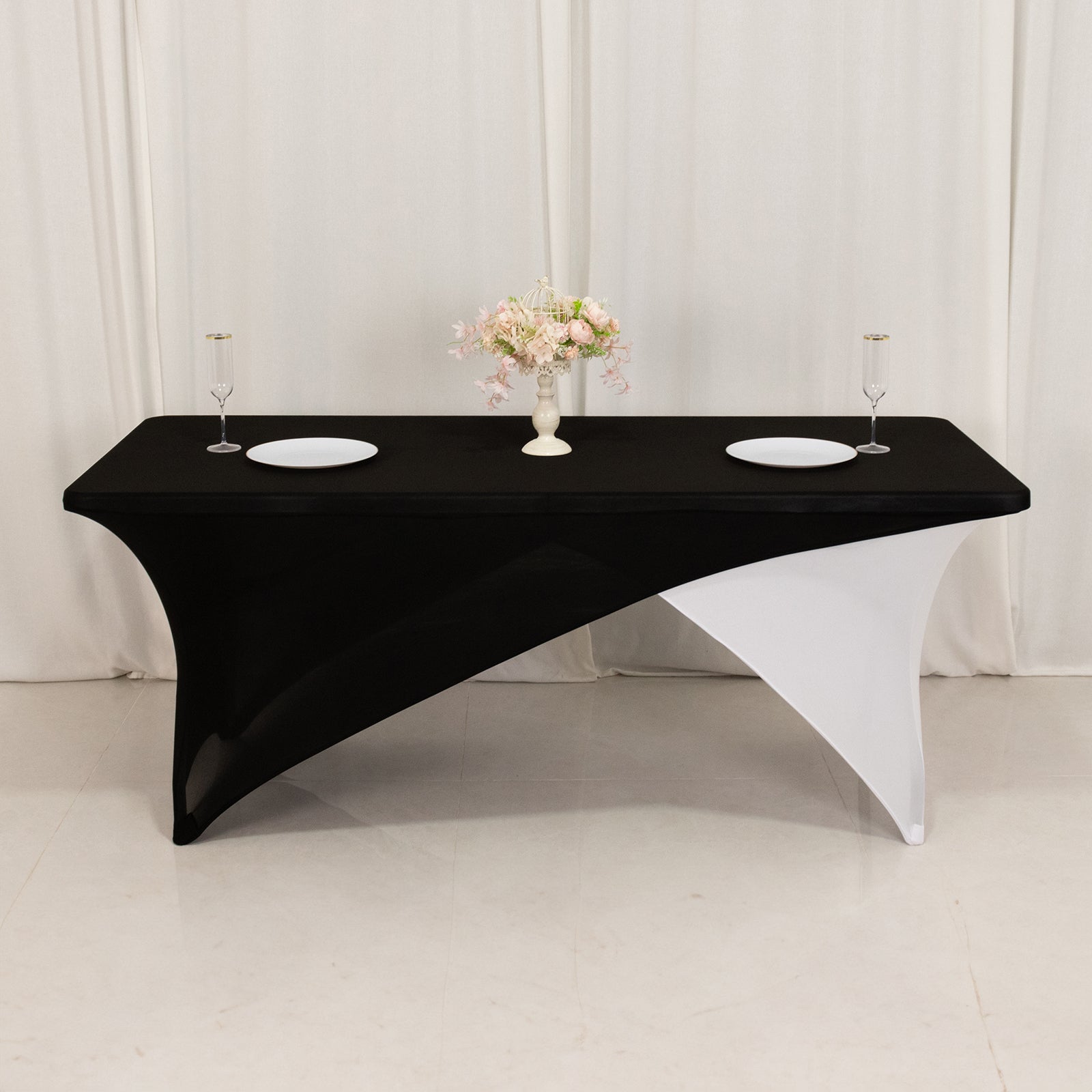 Stretch Spandex 72"x30" Rectangle Table Cover Black/White Cross Over Design - Versatile & Sleek Two-Piece Fitted Tablecloth with Elastic Foot Pockets