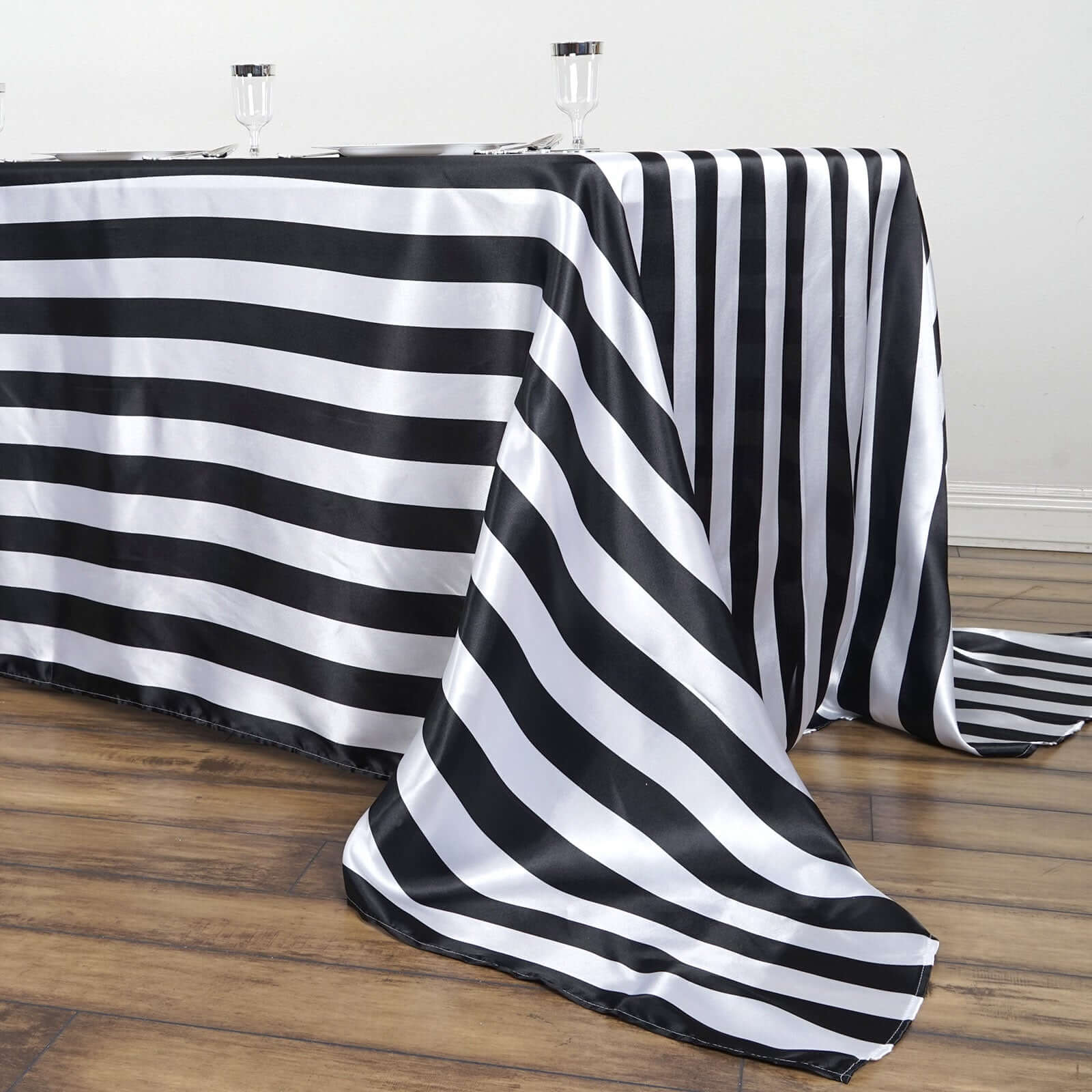 Satin 90"x132" Rectangle Tablecloth Black/White - Stripe Design with Seamless Silky Smooth Finish for Modern Celebrations
