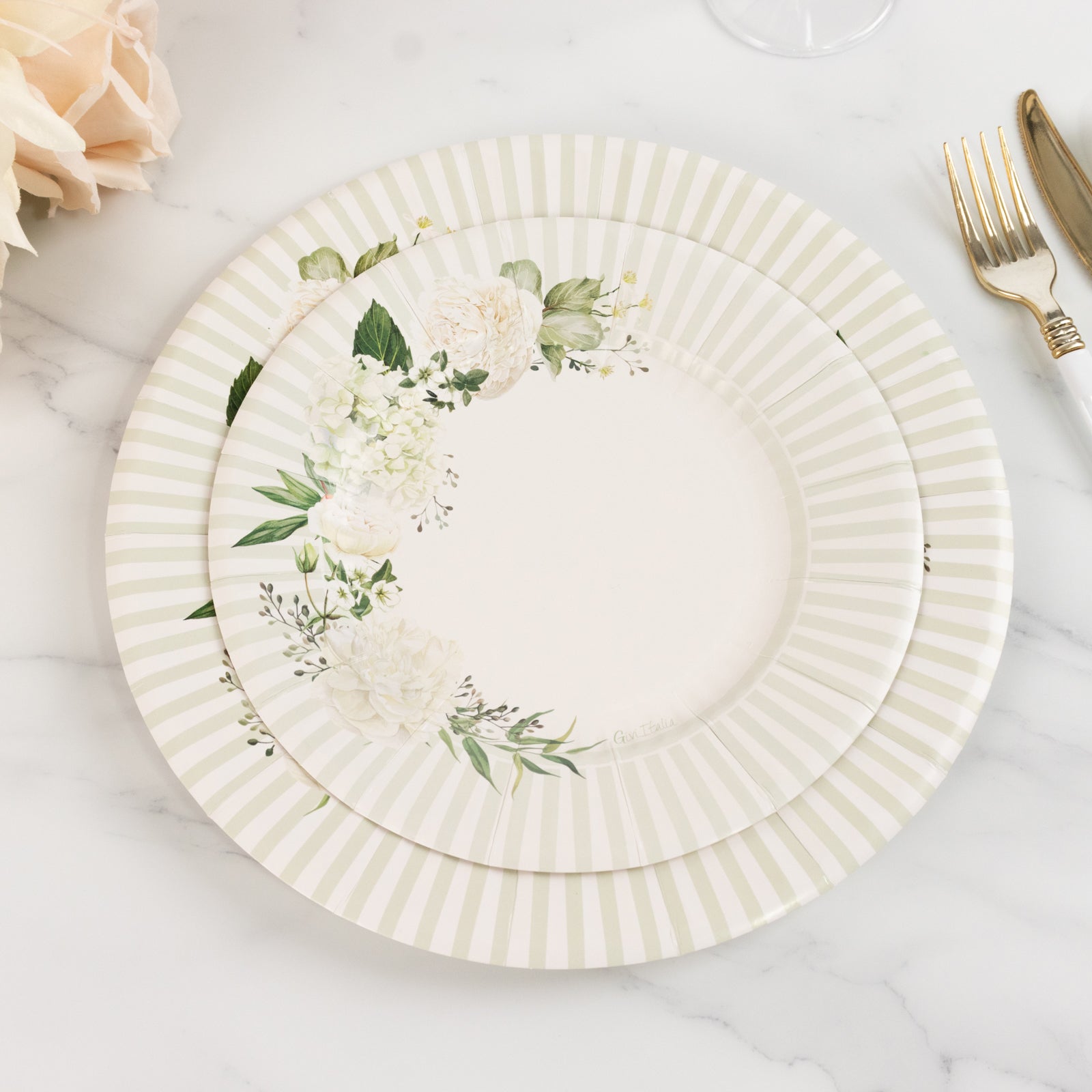 25-Pack Paper 8" Round Dessert Plates in White with Sage Green Floral Print & Lined Rim