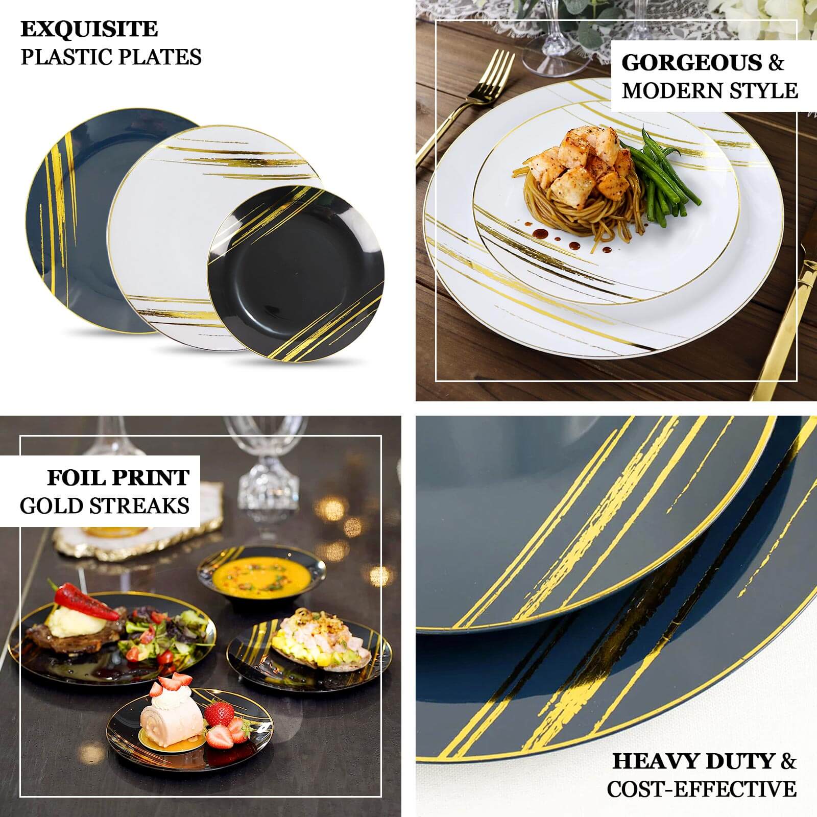 10-Pack Plastic 10" Round Dinner Plates in White with Gold Brush Stroked Print - Disposable Party Dinnerware for Modern Themed Events & Banquets