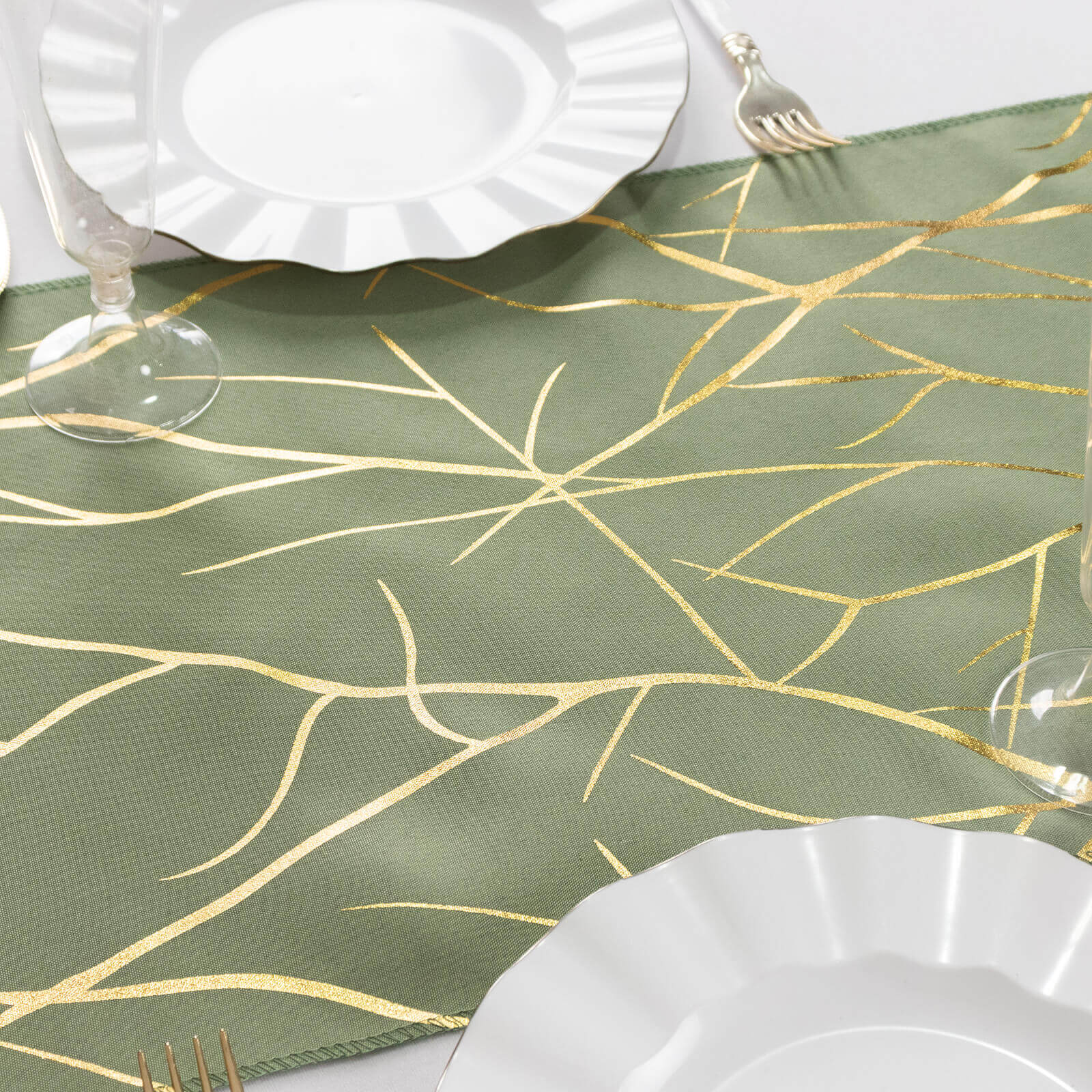 Polyester 9ft Table Runner Dusty Sage Green with Gold Foil Tree Branch Pattern - Stylish Table Linen