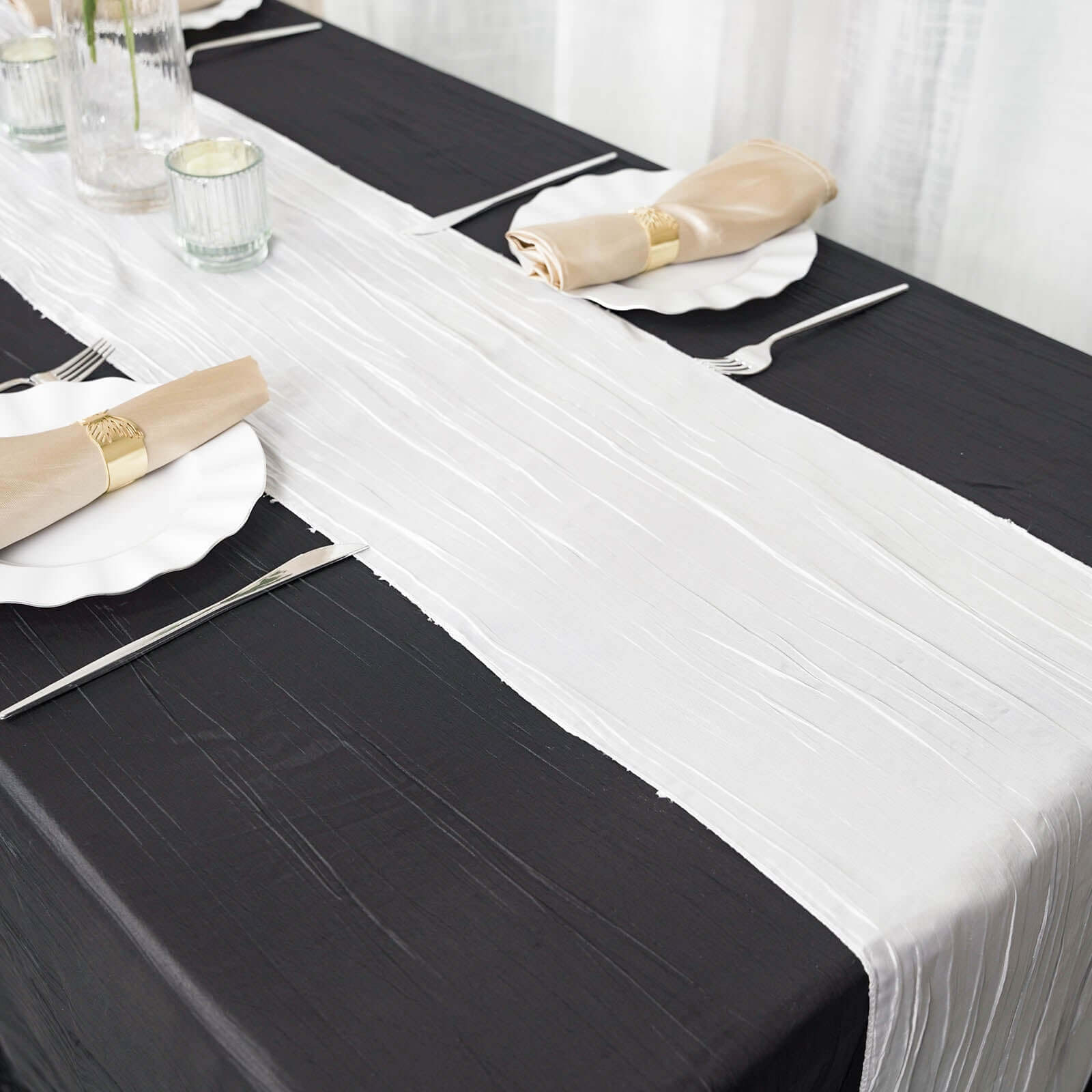 Taffeta 12"x108" Table Runner White - Accordion Crinkle Design for Modern Gatherings