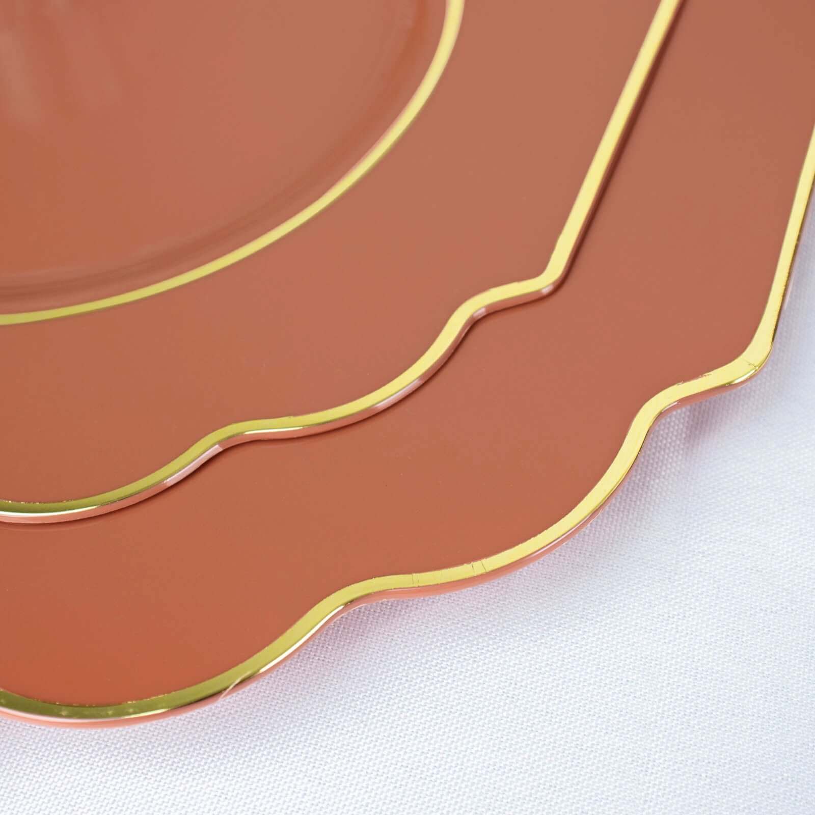 10-Pack Plastic Dinner Plates in Terracotta (Rust) Baroque Design with Scalloped Gold Rim - Heavy Duty Disposable Party Plates 11"