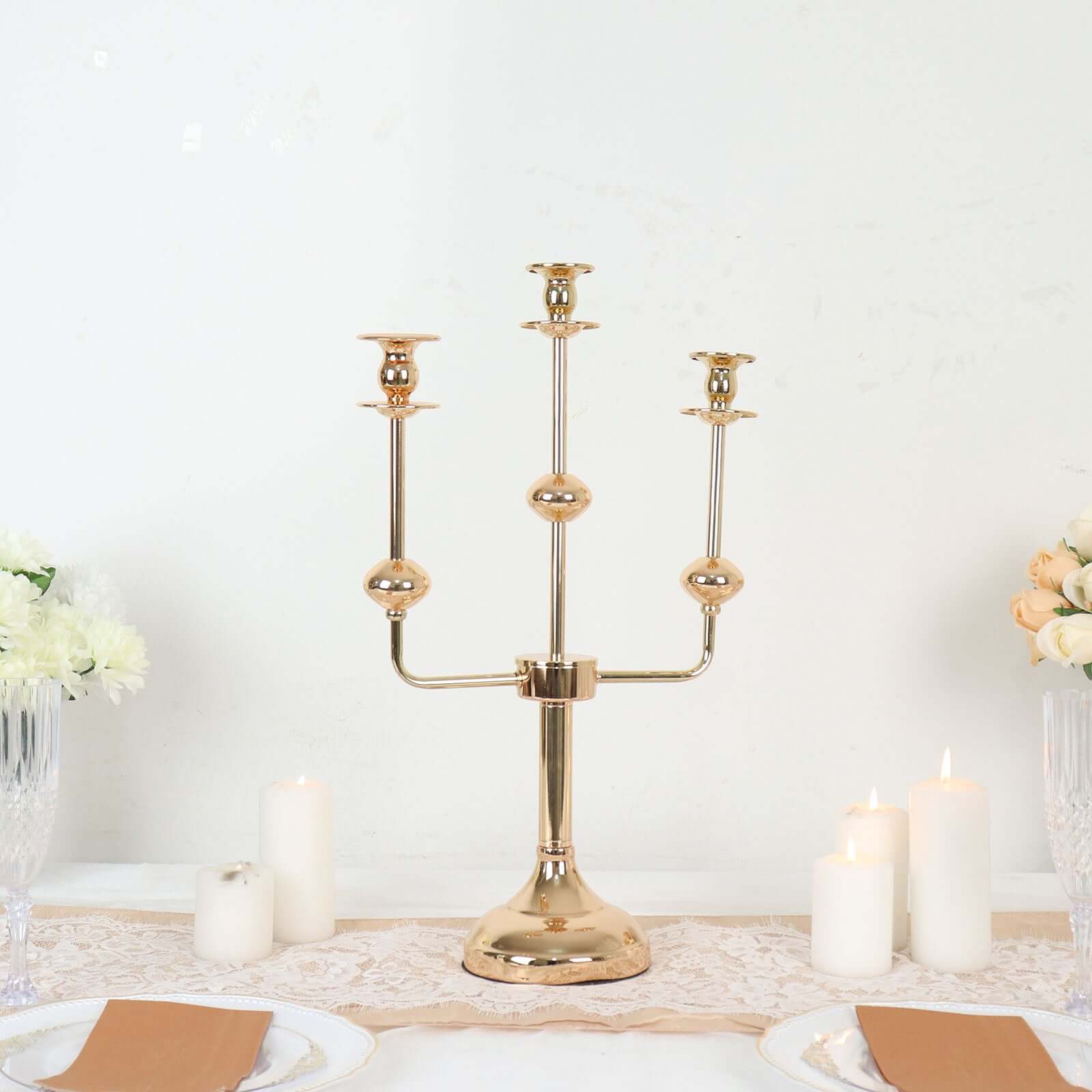 3-Arm Taper Candelabra Candle Holder Stand Gold Metal Wedding Centerpiece - Decorative Display 20"
