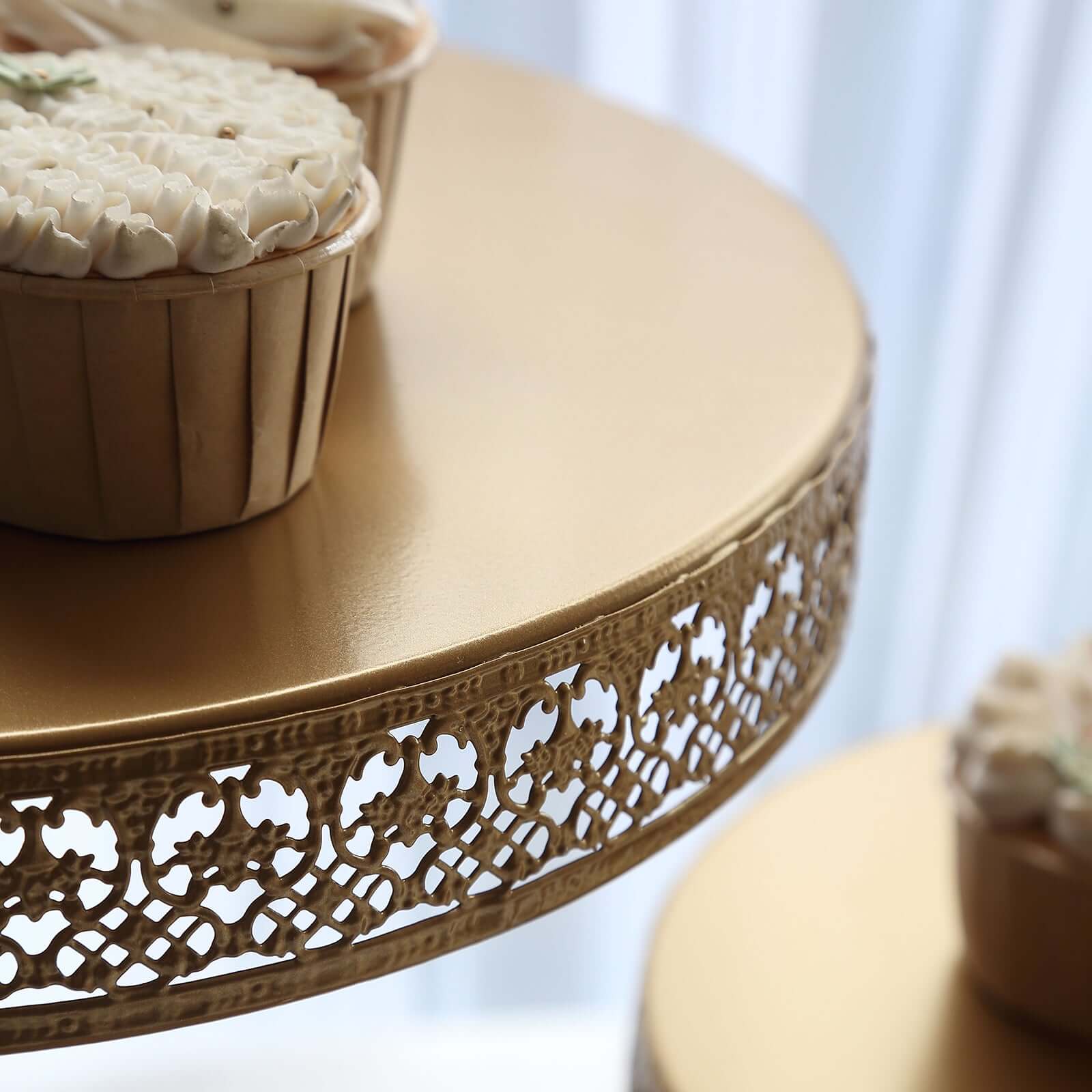 3-Tier Dessert Stand Hollow Lace Round Design Gold - Cupcake Tower and Tiered Cake Display Metal 21"