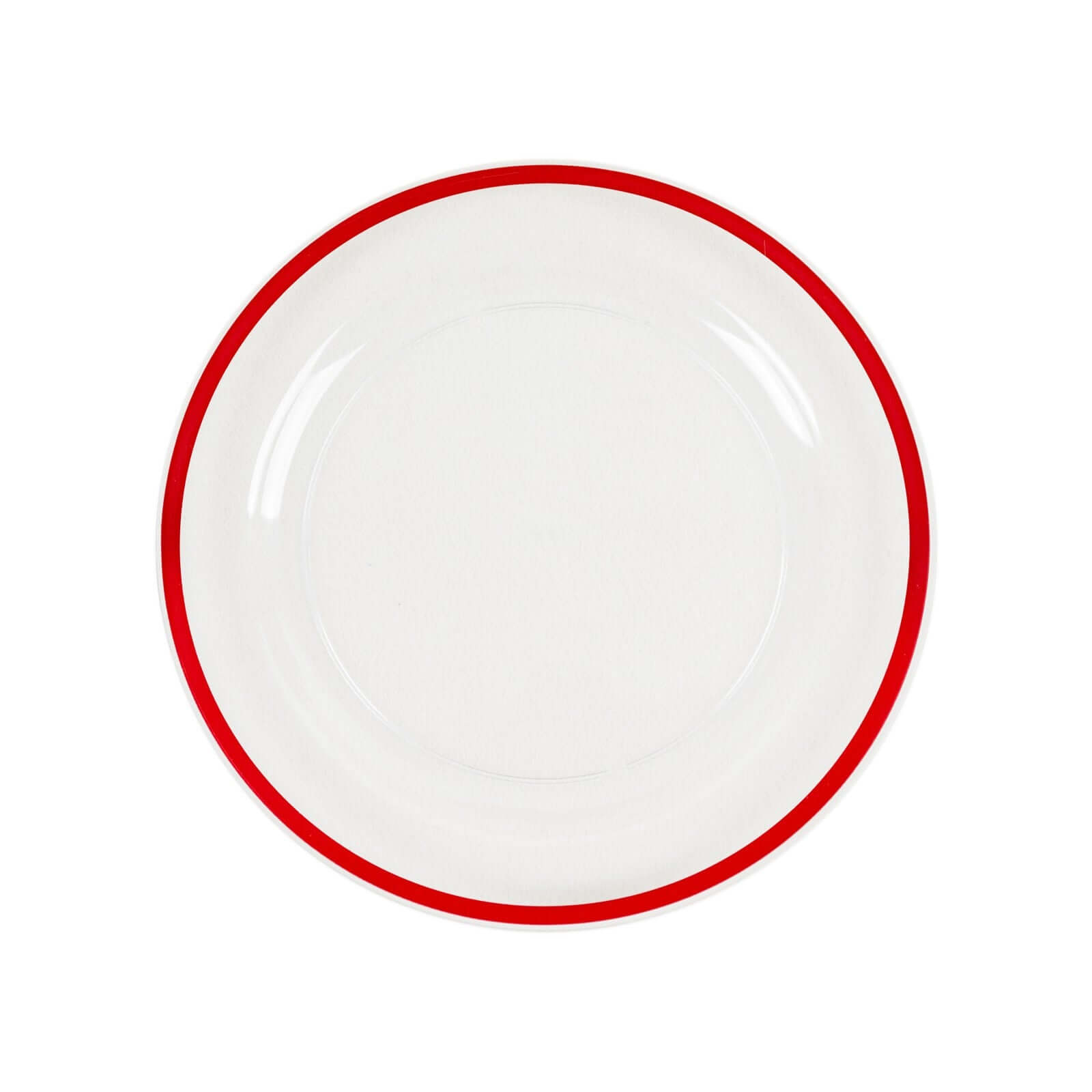 10-Pack Plastic 10" Round Dinner Plates in Clear with Red Rim - Disposable Party Plates for Classy Banquets & Special Occasions