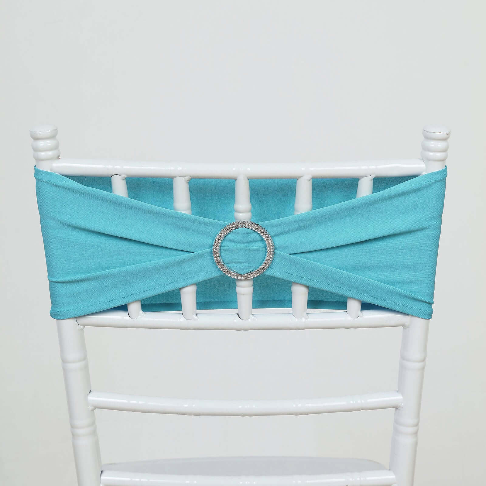 5 Pack Stretch Spandex Chair Sashes Turquoise - Reusable Chair Bands with Silver Diamond Ring Slide Buckle 5"x14"