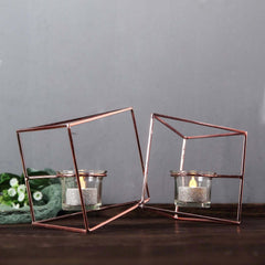Set of Metal Candle Holders Linked Geometric Design Rose Gold - Chic Votive Glass Decor for Events & Gatherings 9"