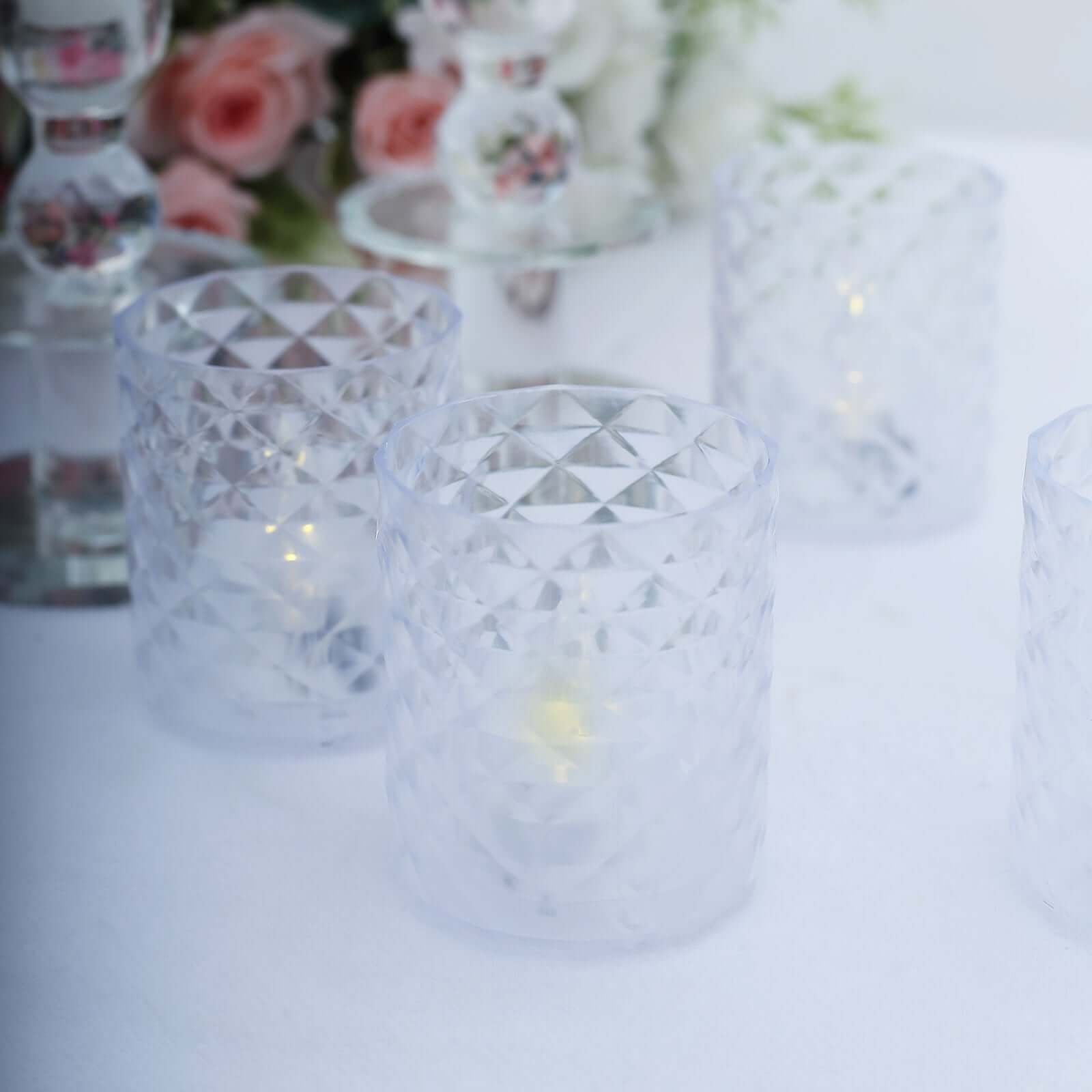 12-Pack LED Tealight Candle Holders Whiskey Glass Design Clear - Warm White Battery Operated Lights 3"