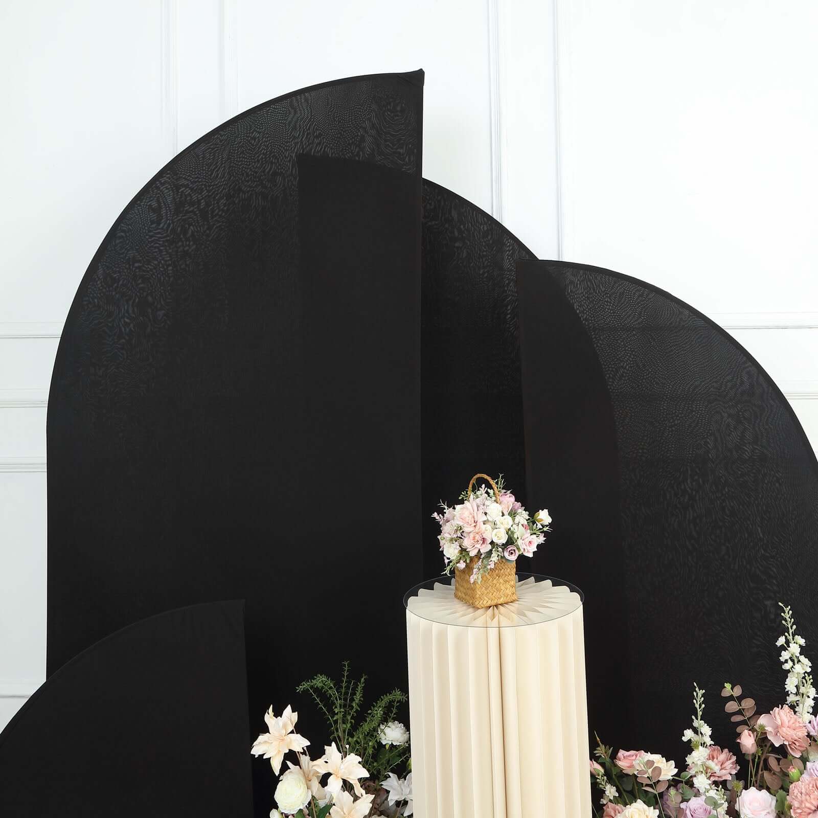 Set of 4 Matte Black Spandex Half Moon Chiara Backdrop Stand Covers, Custom Fitted Wedding Arch Covers - 2.5ft,5ft,6ft,7ft