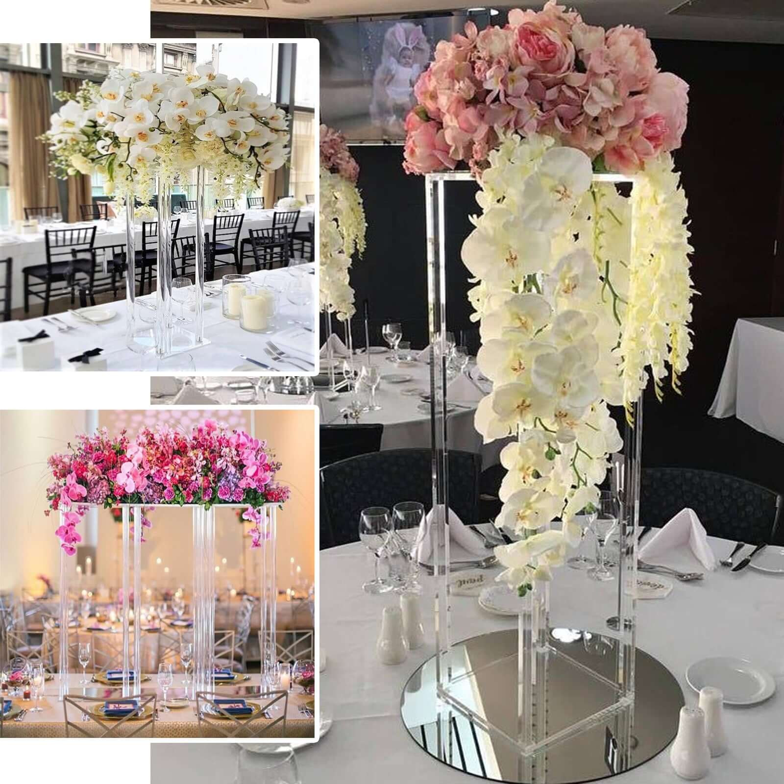 Acrylic Floor Vase Flower Stand with Square Mirror Base Clear - Decorative Wedding Column for Large Events 48"