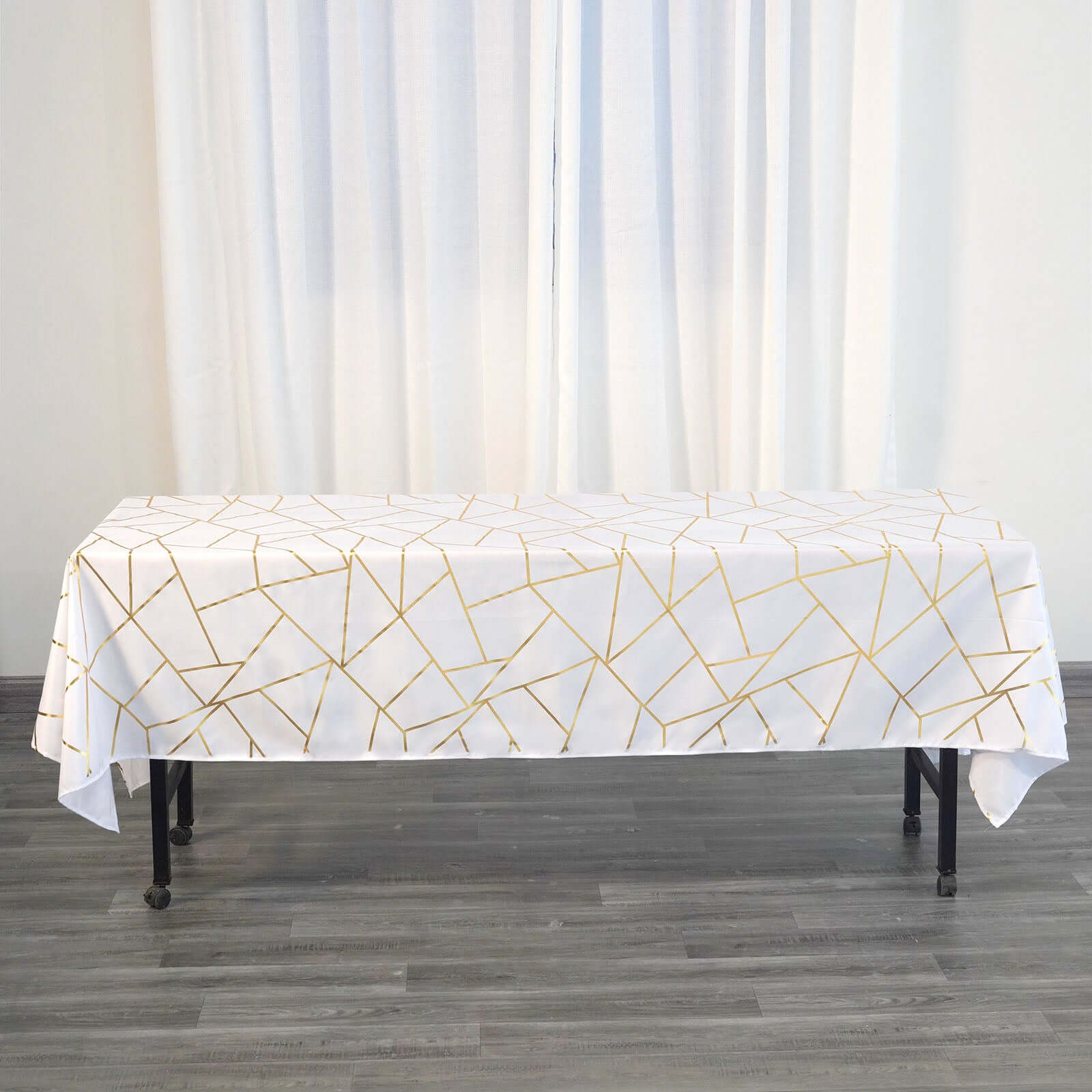 Polyester 60"x102" Rectangle Tablecloth White with Gold Foil Geometric Pattern - Wrinkle-Resistant and Durable Table Cover for Weddings & Events