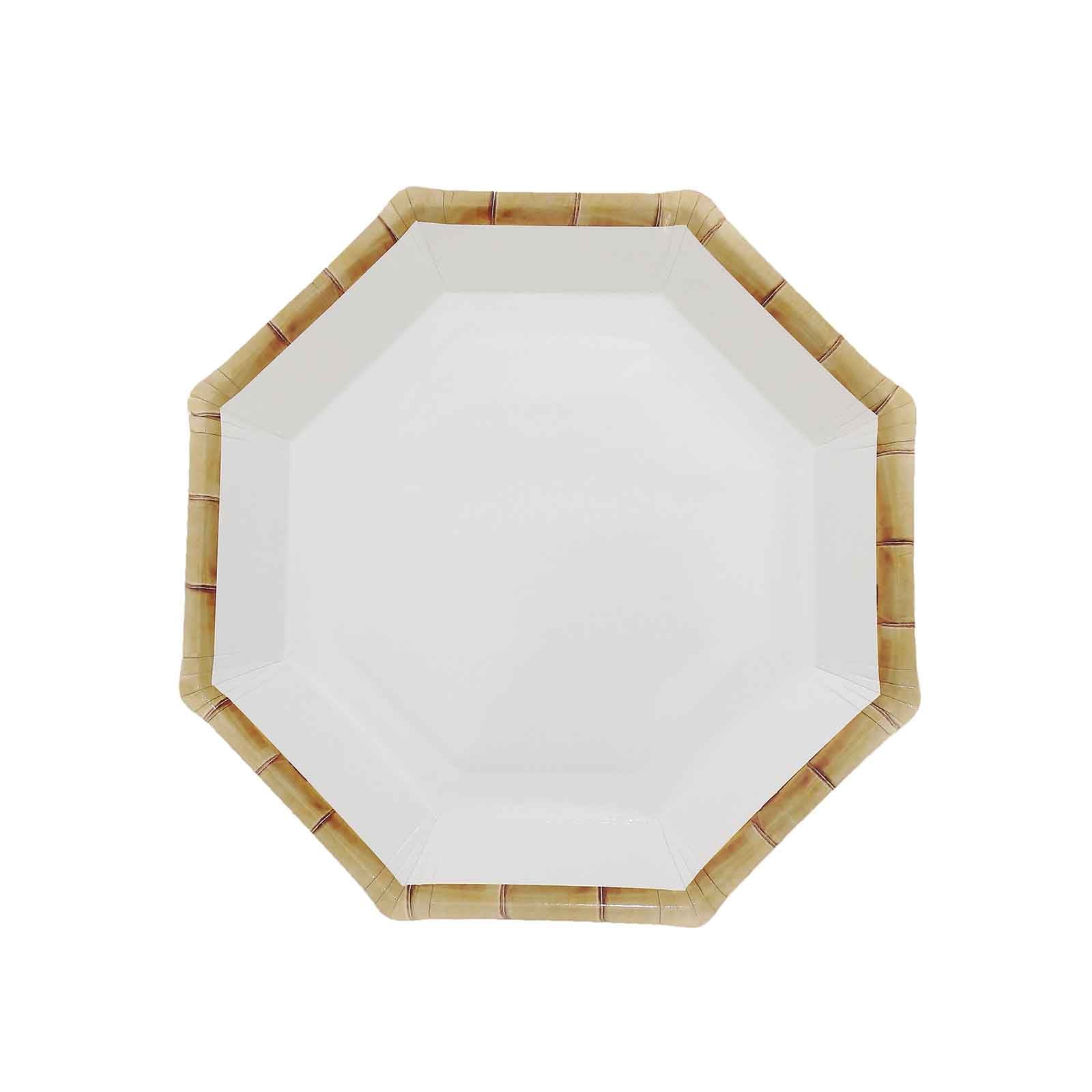 25-Pack Paper Octagonal Dessert Plates 7" White with Bamboo Print Rim - Disposable Geometric Appetizer Salad Plates for Garden Parties & Tropical Themed Events