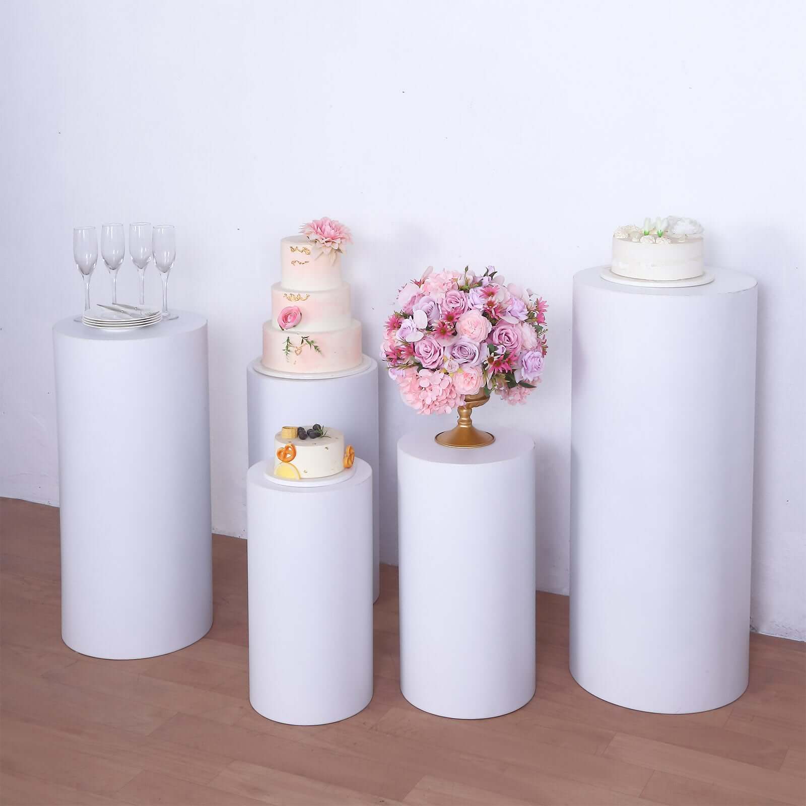 Set of 5 White Metal Cylinder Pillar Prop Stands For Wedding Aisle, Round Plinth Pedestal Display Boxes - 20",22",24",28",32"