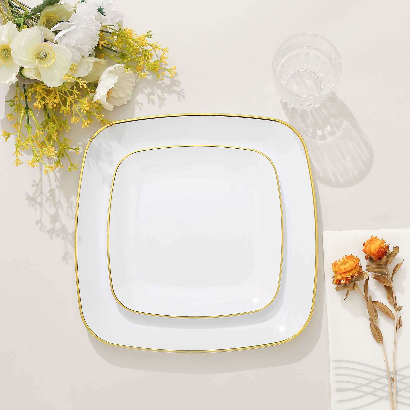 10-Pack Plastic 10" Square Dinner Plates in White with Gold Rim - Classy Disposable Lunch Party Plates for Weddings & Special Events