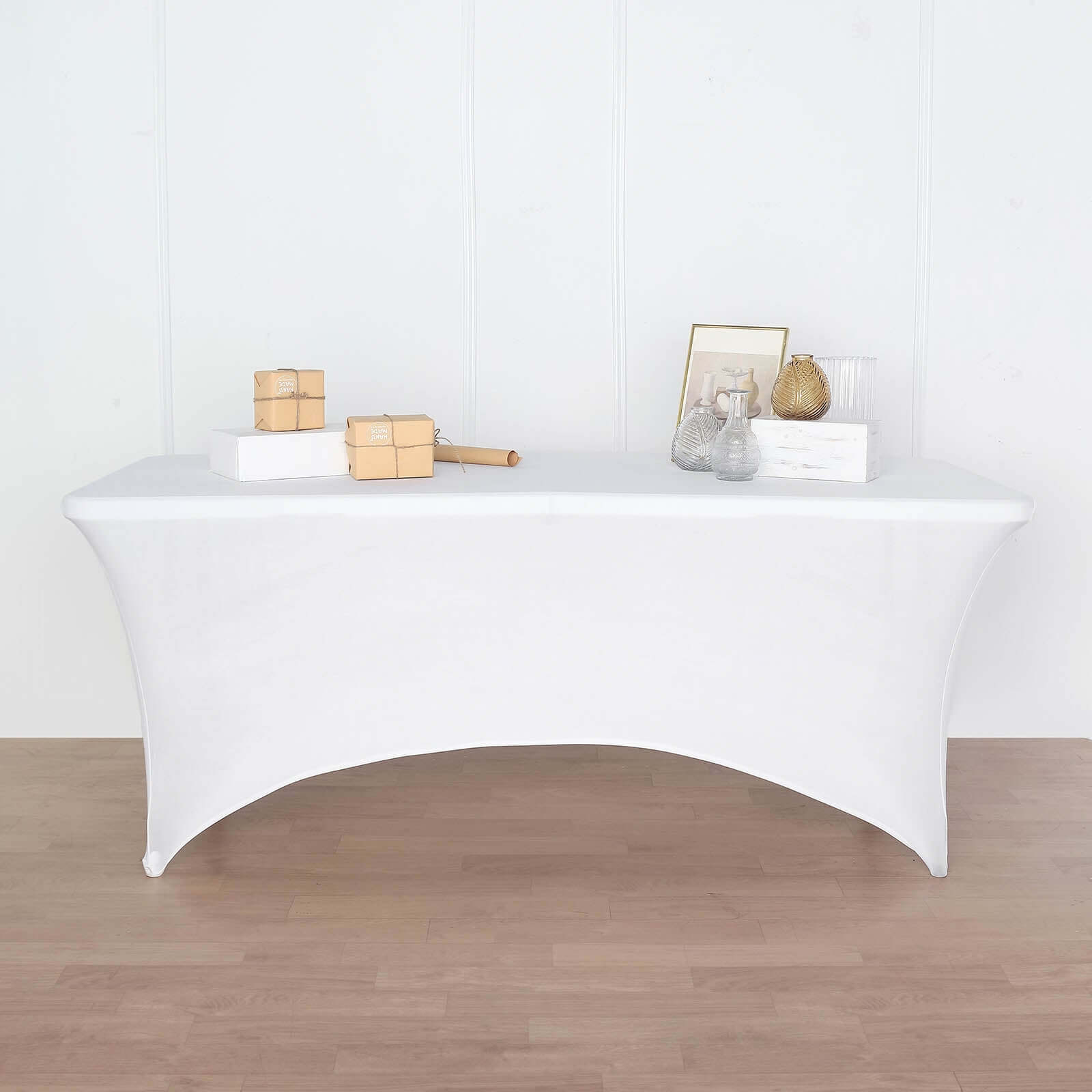 Stretch Spandex 72"x30" Rectangular Table Cover White with Curved Open Back Design Tailored Professional Look for Tradeshows, Events & Exhibitions