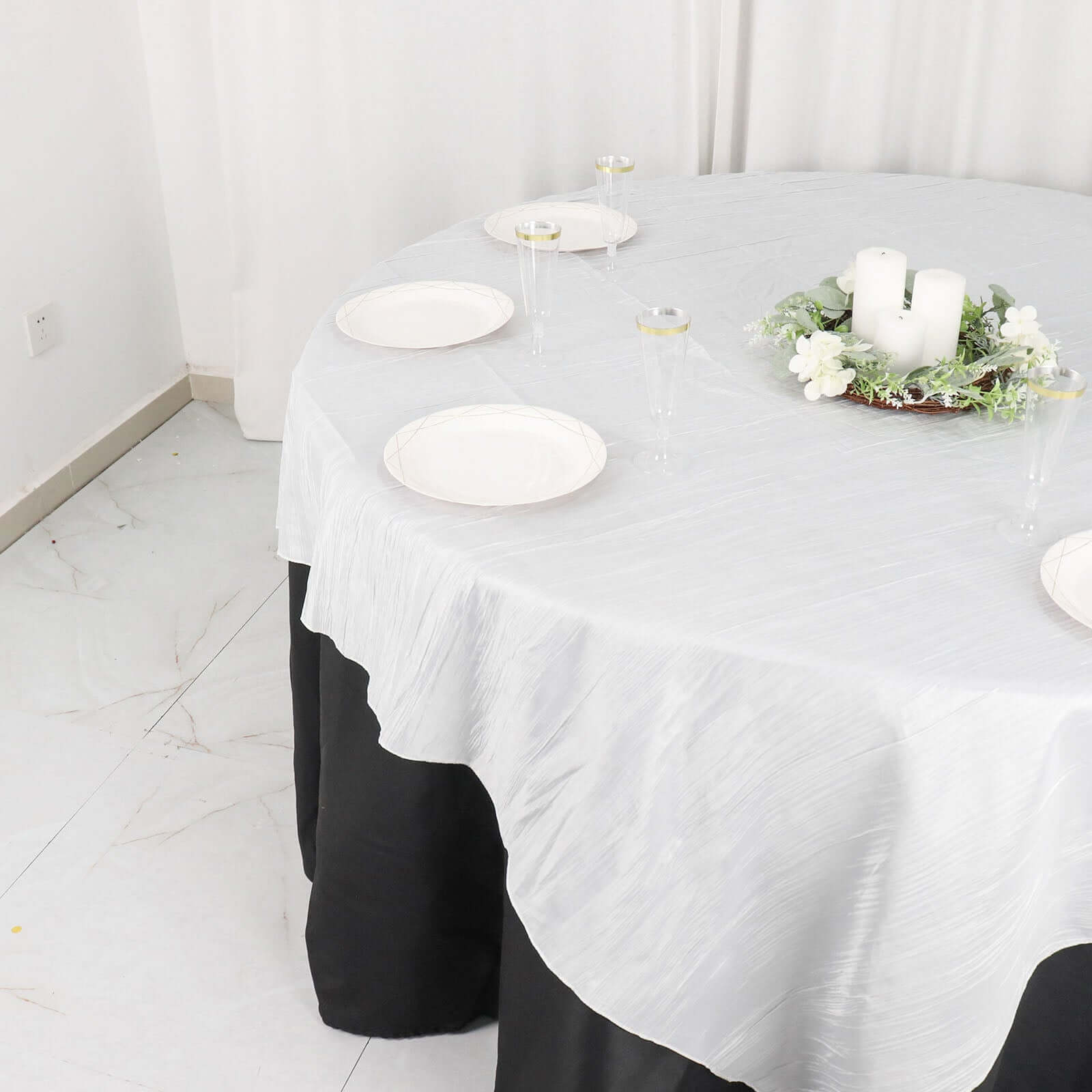Taffeta 72"x72" Table Overlay Square Tablecloth White - Accordion Crinkle Design for Stylish Events