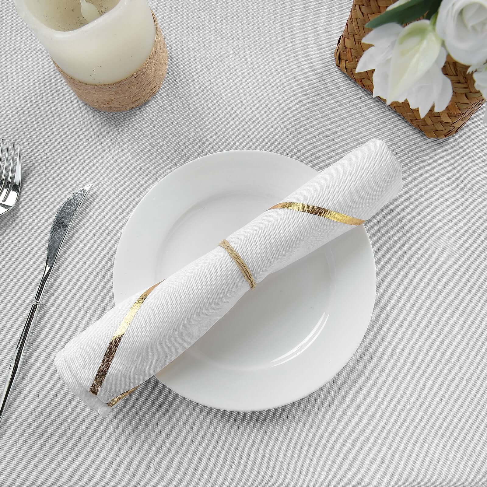 5 Pack Polyester 20"x20" Napkins White with Gold Geometric Foil Pattern - Modern Reusable Dinner Napkins for Home & Events