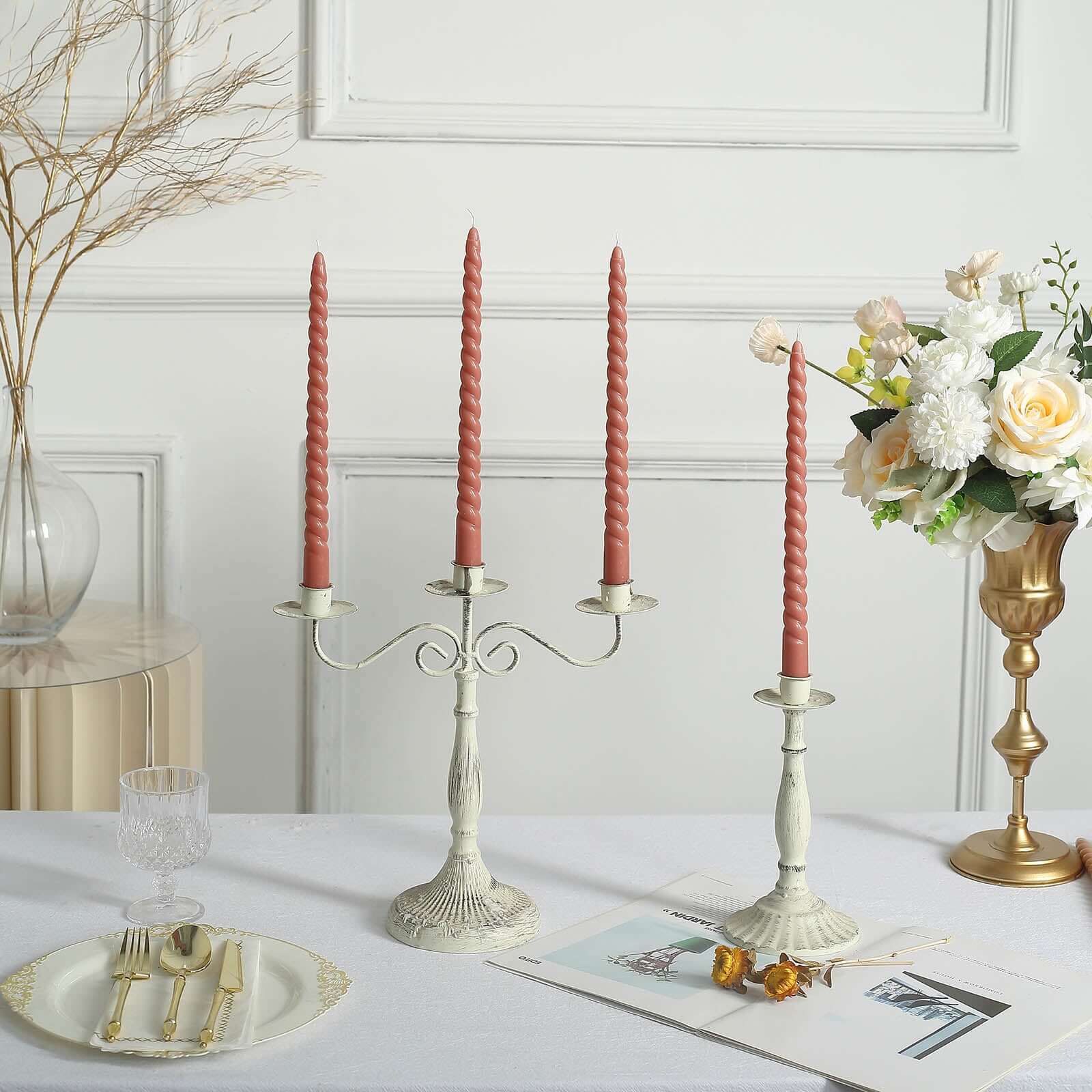 12-Pack Taper Candles Spiral Long Burn Wick Design Dark Nude - Premium Unscented Wax Dinner Candle Sticks 11"