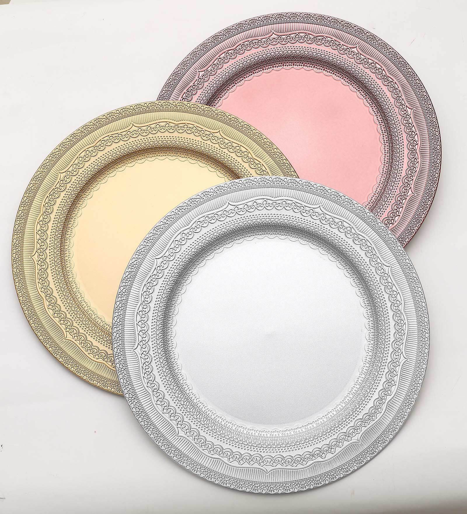 6-Pack Acrylic Round Charger Plates 13" in Silver with Lace Embossed Rim, Rustic Plastic Decorative Charger Tableware