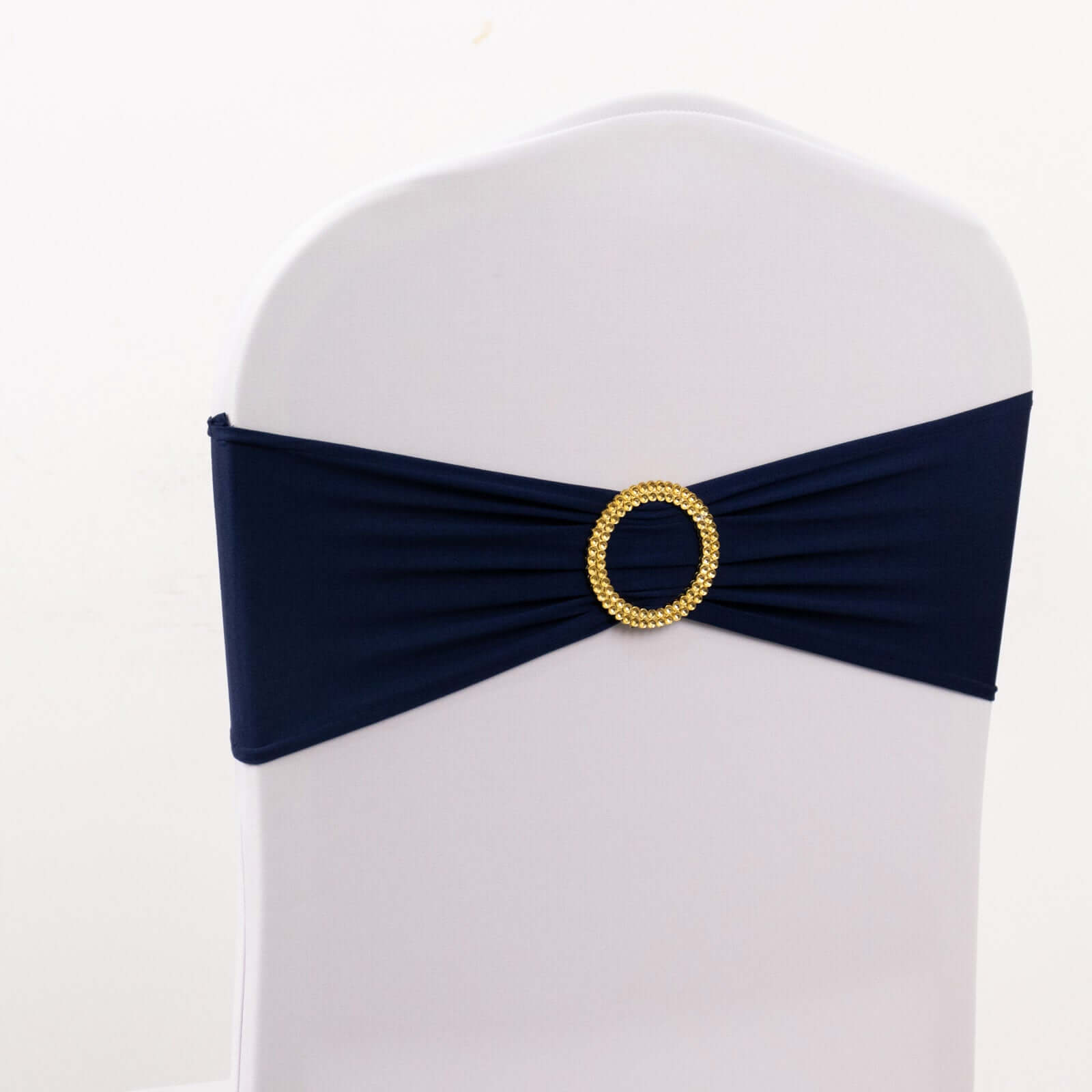 5 Pack Spandex Chair Sashes Navy Blue with Gold Rhinestone Buckles - Reusable Four-Way Stretch Sash Bands 5"x14"
