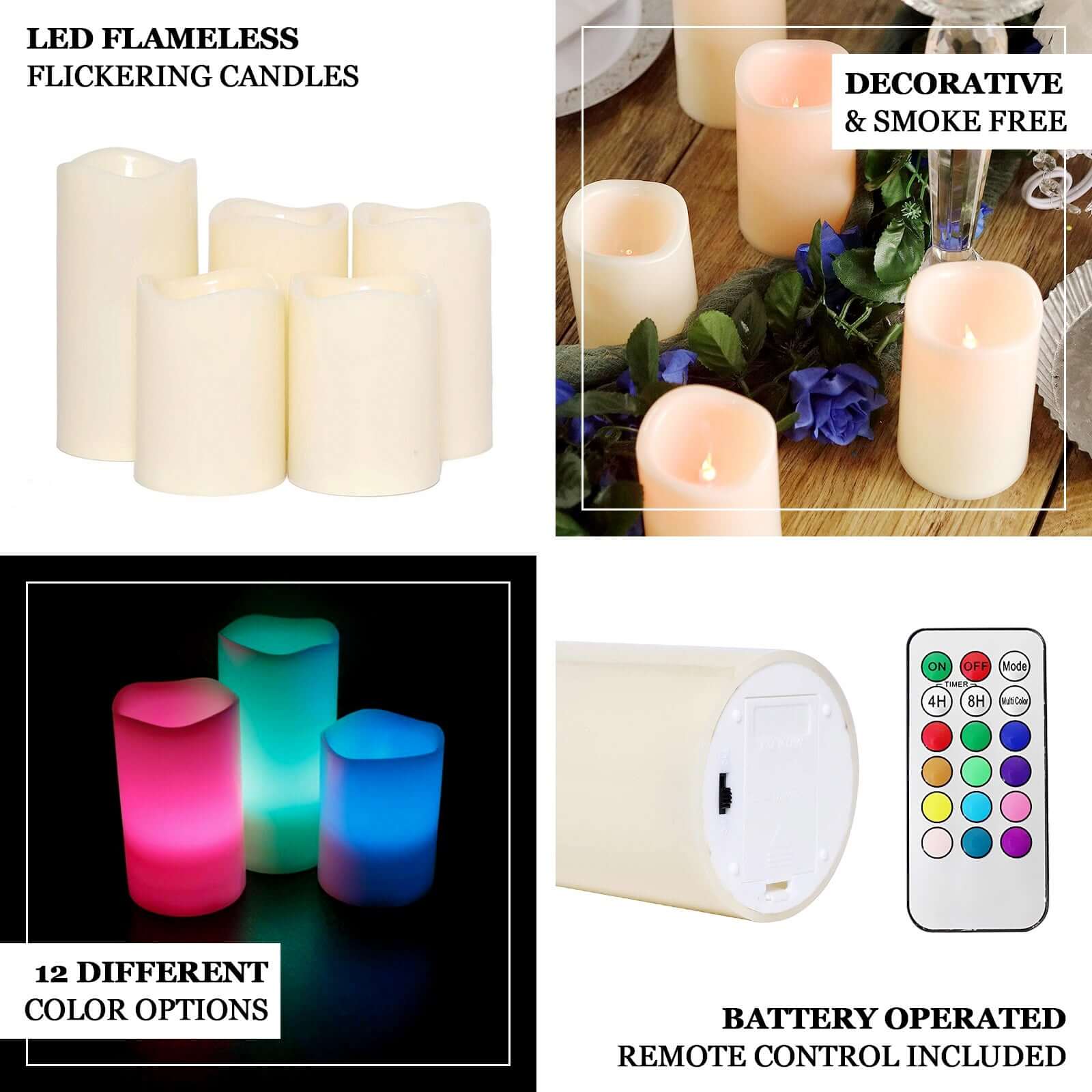 Set of 5 LED Flickering Pillar Candles Color Changing Ivory with Remote - Battery Operated 4", 5", 6"