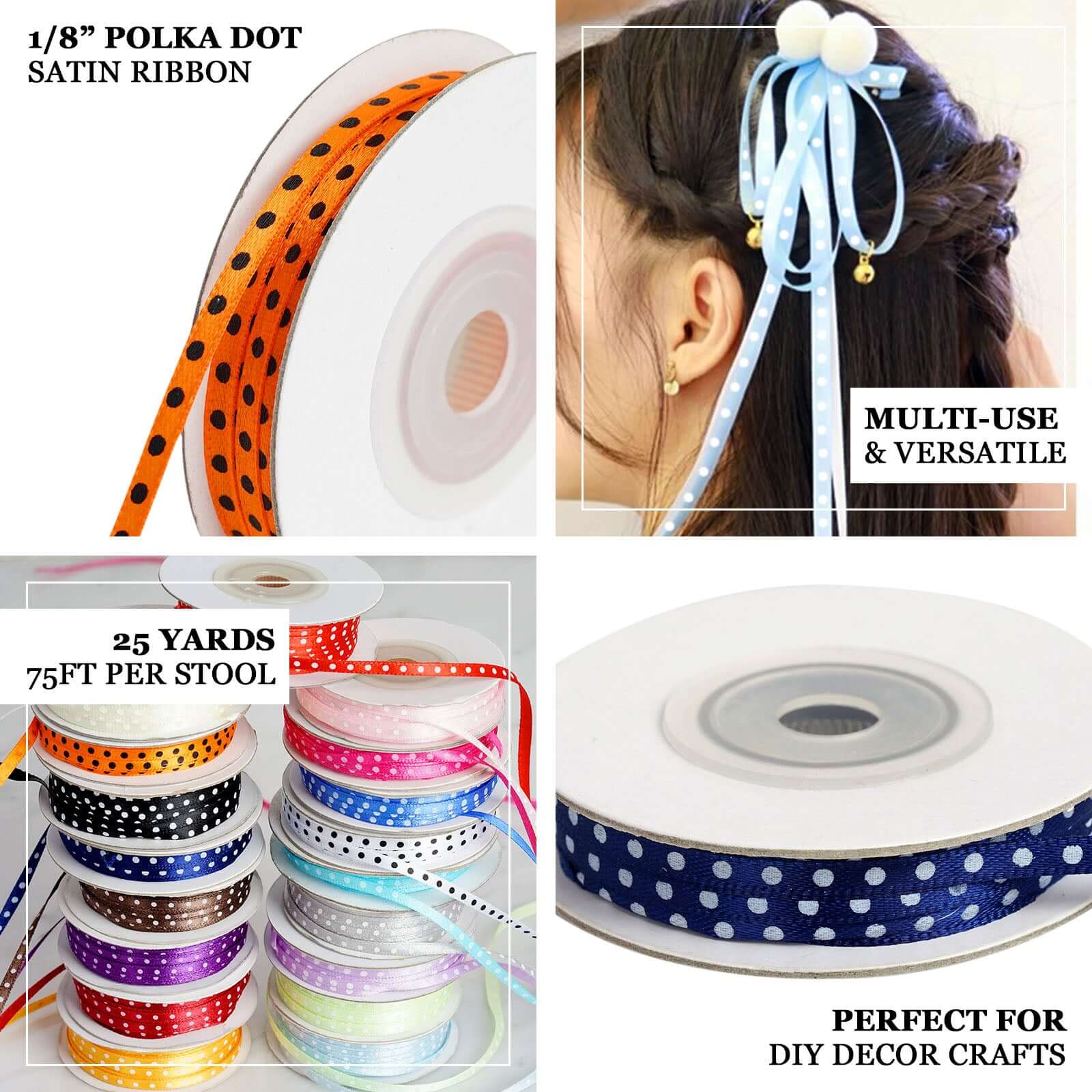 25 Yards 1/8" Light Blue Satin Polka Dot Ribbon - Clearance SALE